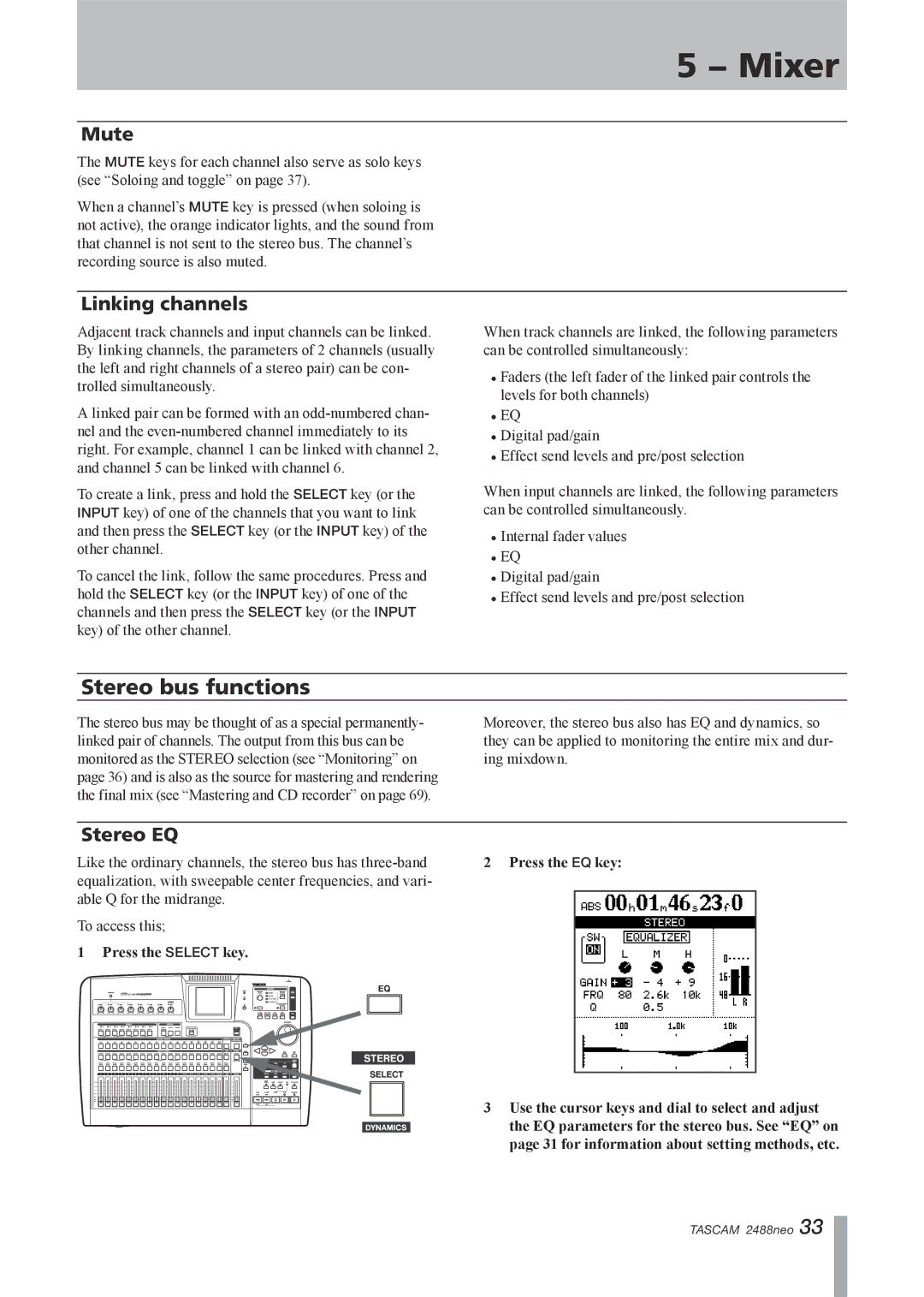 Tascam 2488neo owner manual Stereo bus functions, Mute, Linking channels, Stereo EQ 