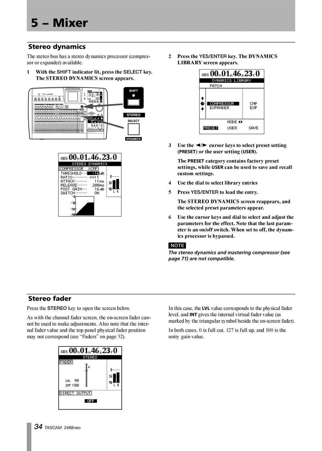 Tascam 2488neo owner manual Stereo dynamics, Stereo fader 