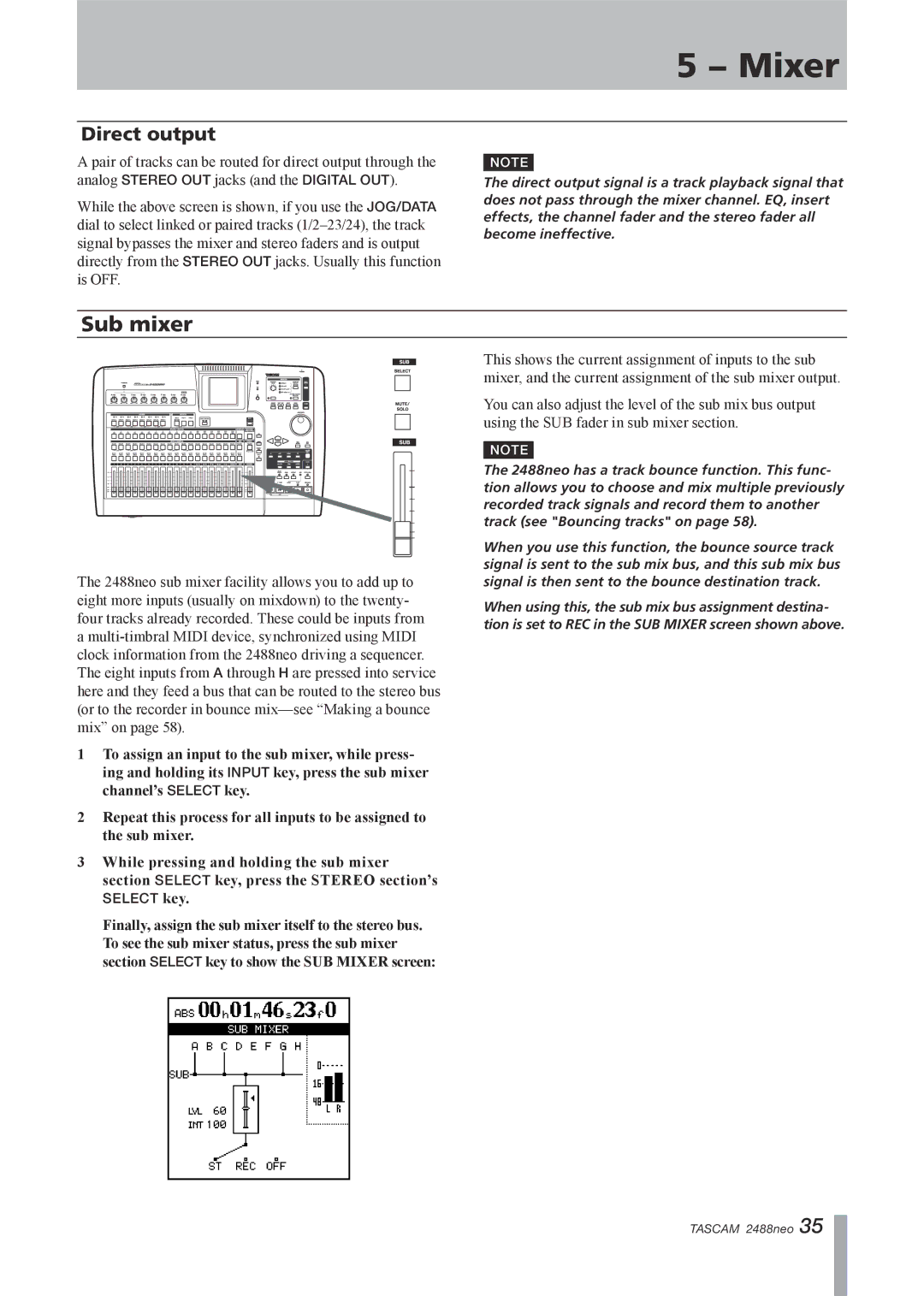 Tascam 2488neo owner manual Sub mixer, Direct output 