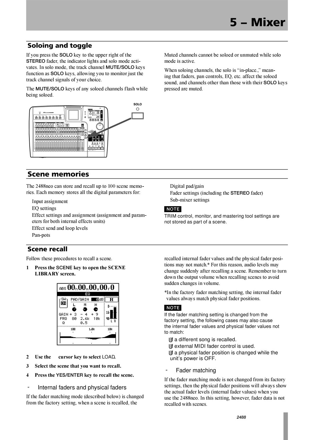 Tascam 2488neo Scene memories, Soloing and toggle, Scene recall, ªª Internal faders and physical faders, ªª Fader matching 