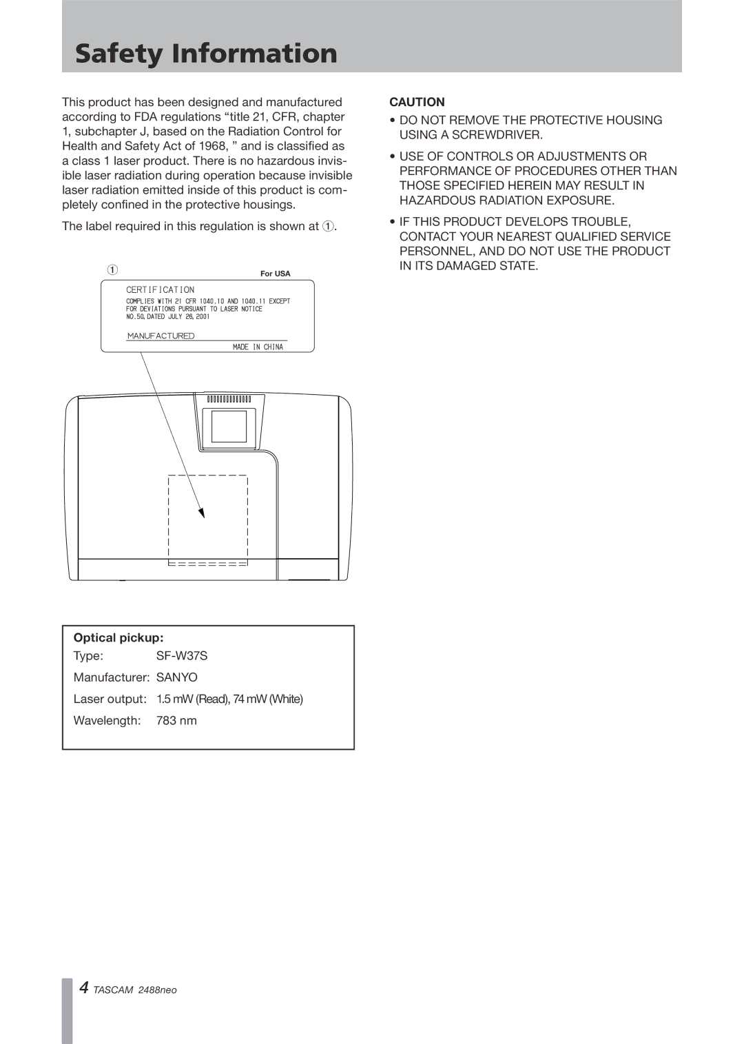 Tascam 2488neo owner manual Safety Information, Optical pickup 