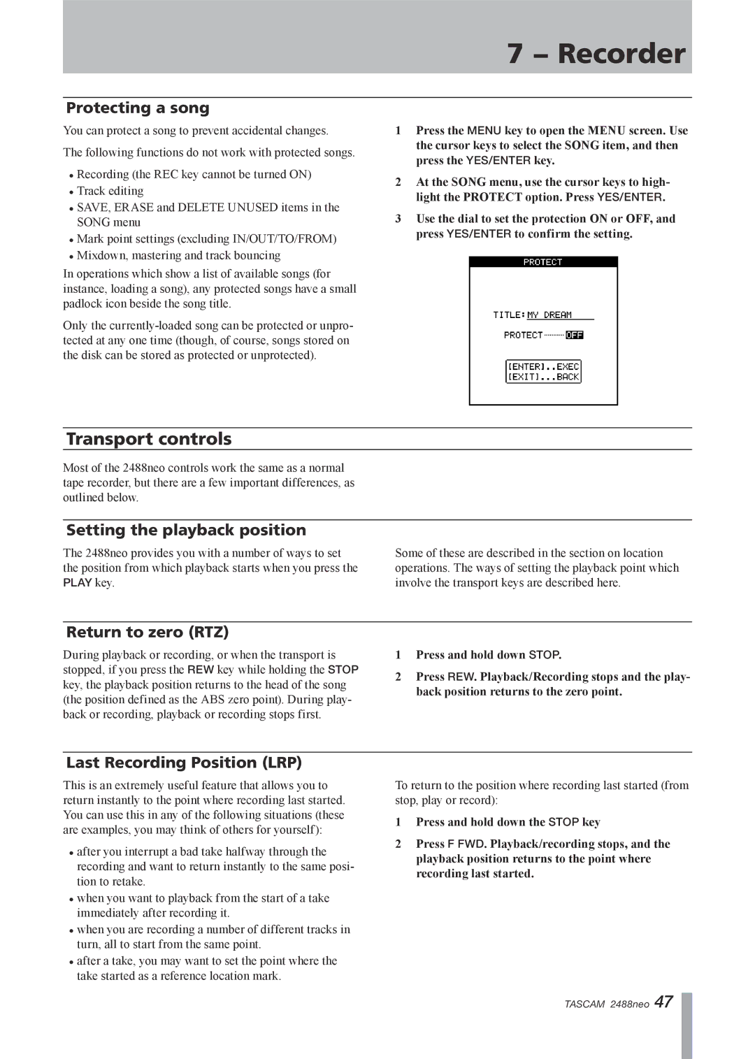 Tascam 2488neo owner manual Transport controls, Protecting a song, Setting the playback position, Return to zero RTZ 