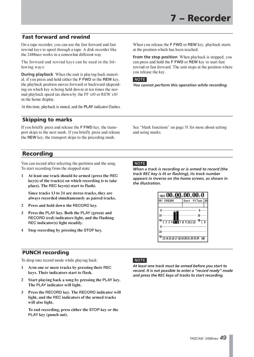 Tascam 2488neo owner manual Recording, Fast forward and rewind, Skipping to marks, Punch recording 