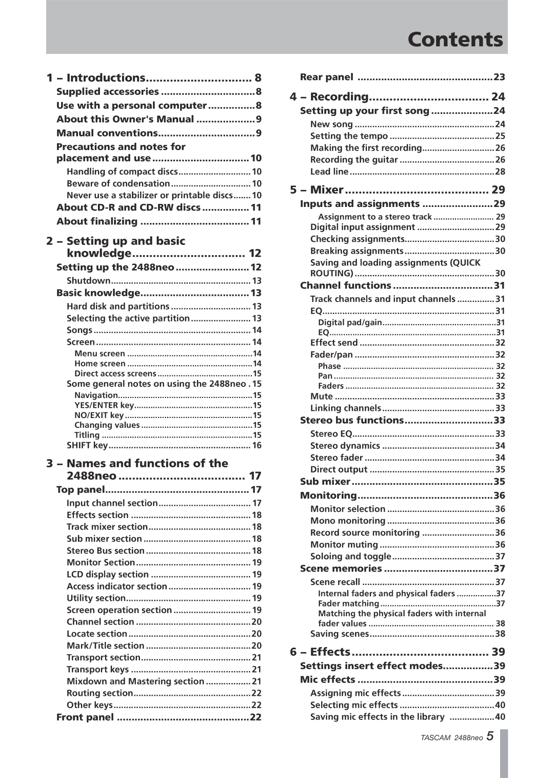 Tascam 2488neo owner manual Contents 