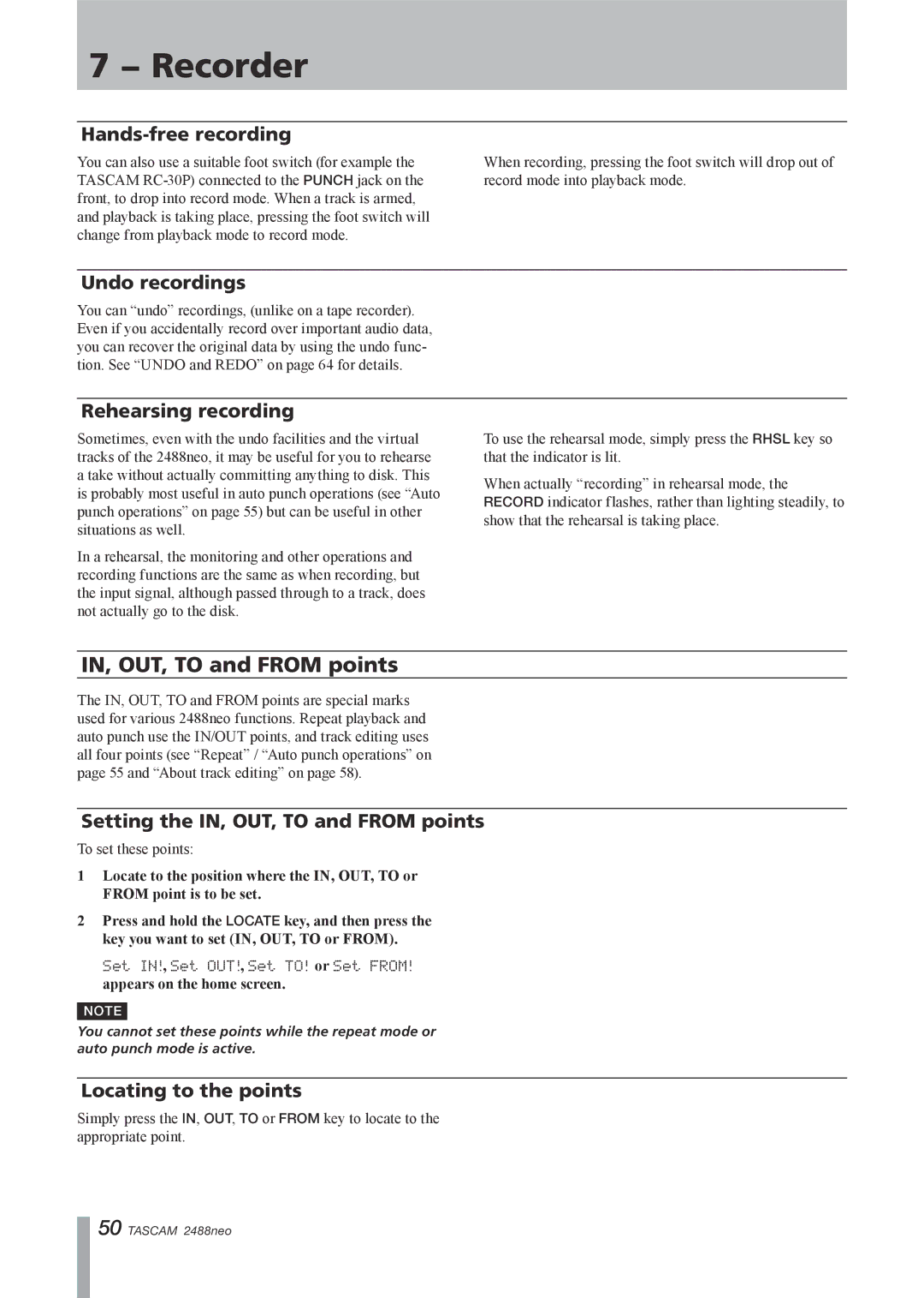 Tascam 2488neo owner manual IN, OUT, to and from points 