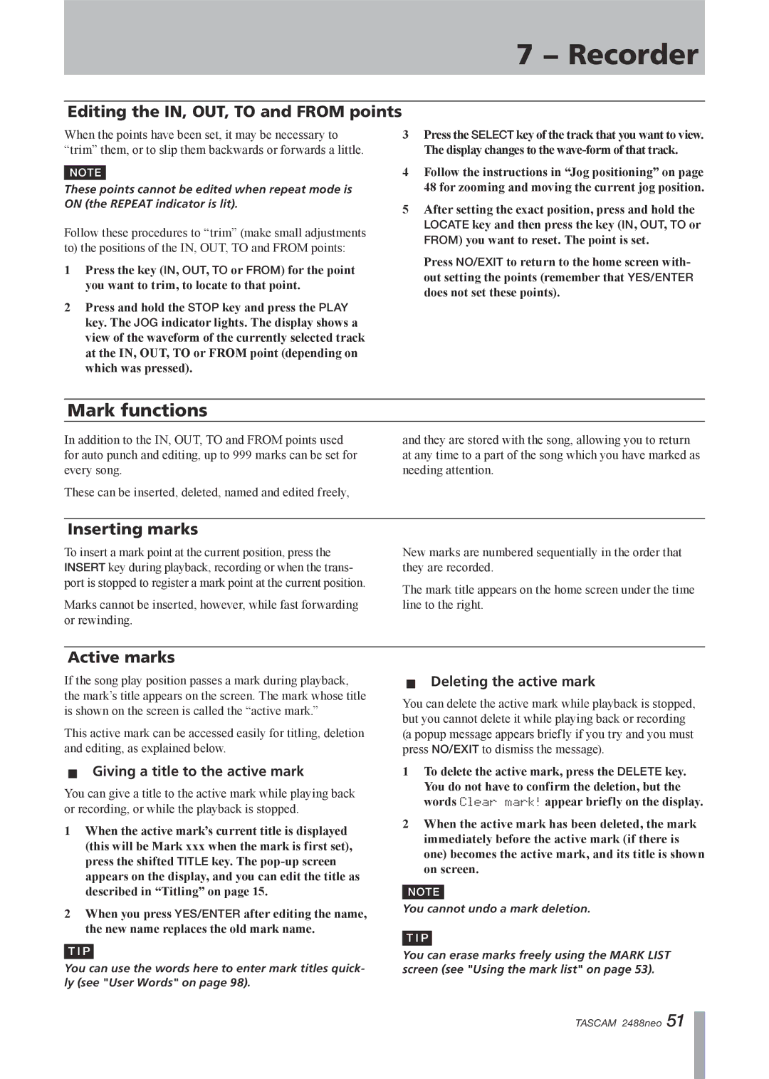 Tascam 2488neo owner manual Mark functions, Editing the IN, OUT, to and from points, Inserting marks, Active marks 