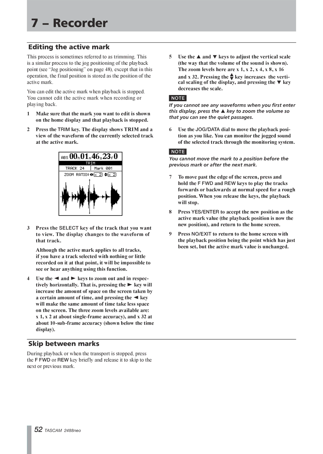 Tascam 2488neo owner manual Editing the active mark, Skip between marks 