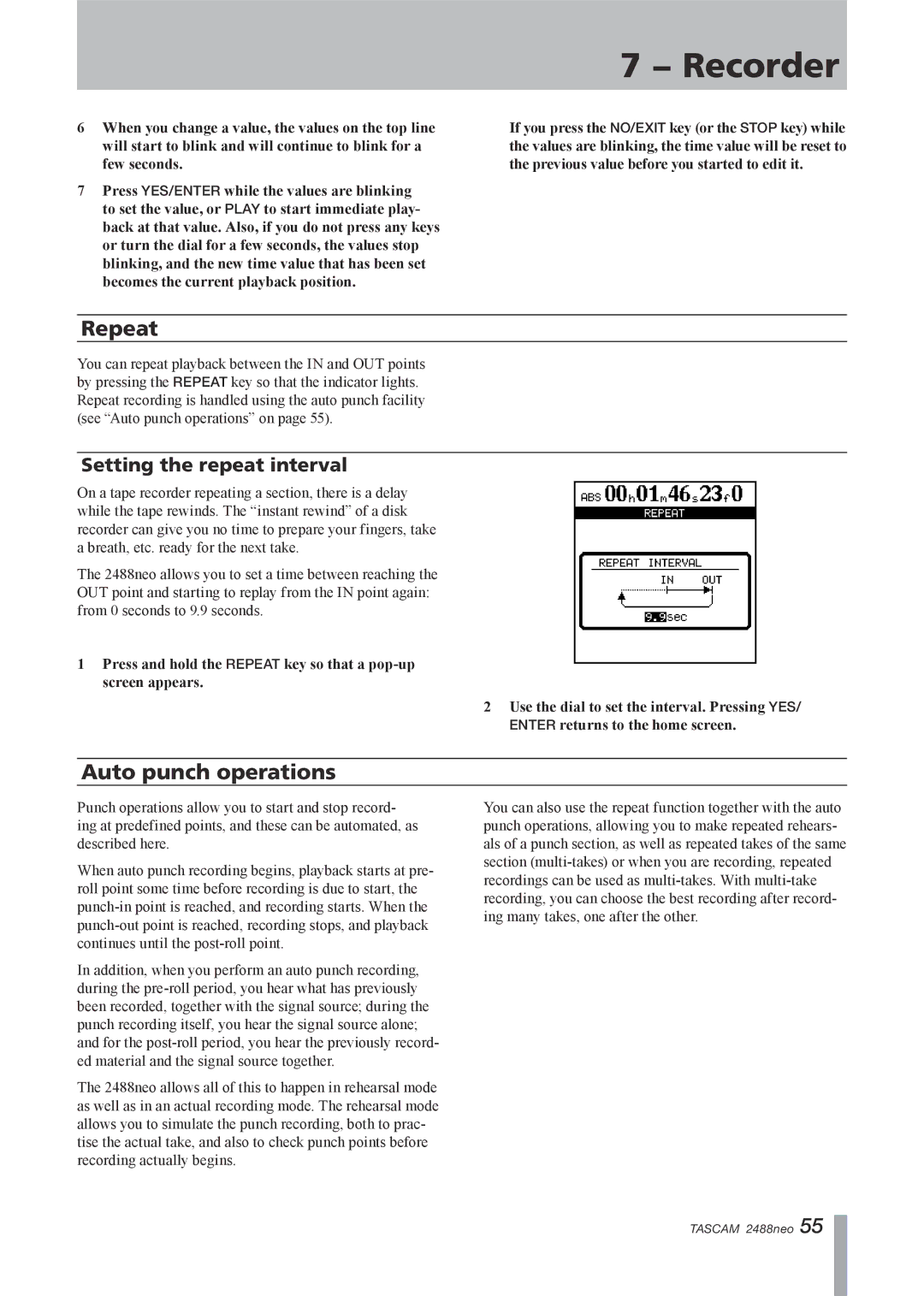 Tascam 2488neo owner manual Repeat, Auto punch operations, Setting the repeat interval 