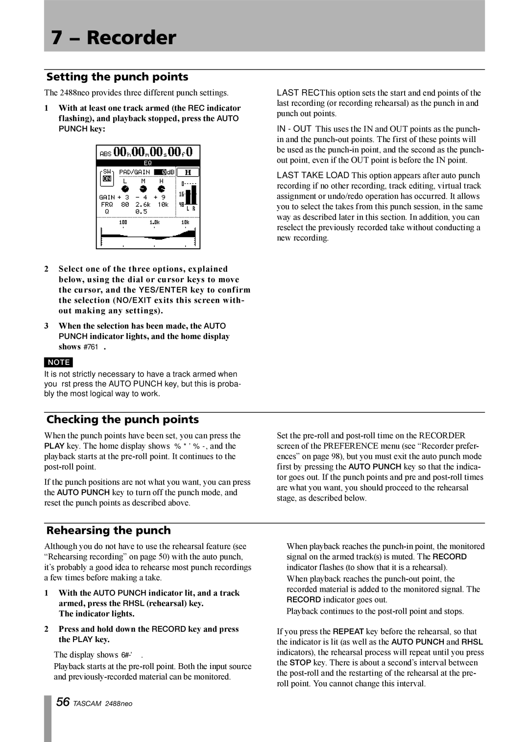 Tascam 2488neo owner manual Setting the punch points, Checking the punch points, Rehearsing the punch 