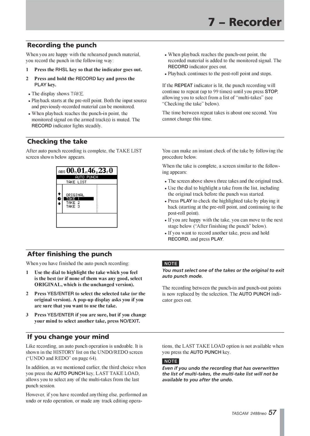 Tascam 2488neo owner manual Recording the punch, Checking the take, After finishing the punch, If you change your mind 