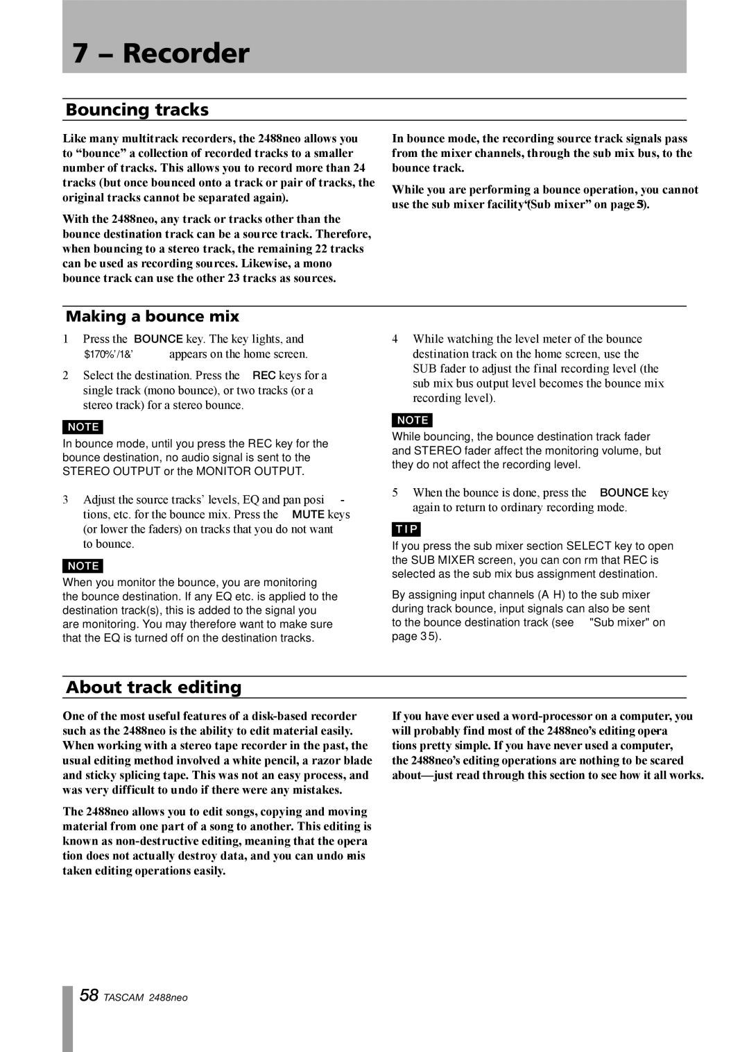 Tascam 2488neo owner manual Bouncing tracks, About track editing, Making a bounce mix 