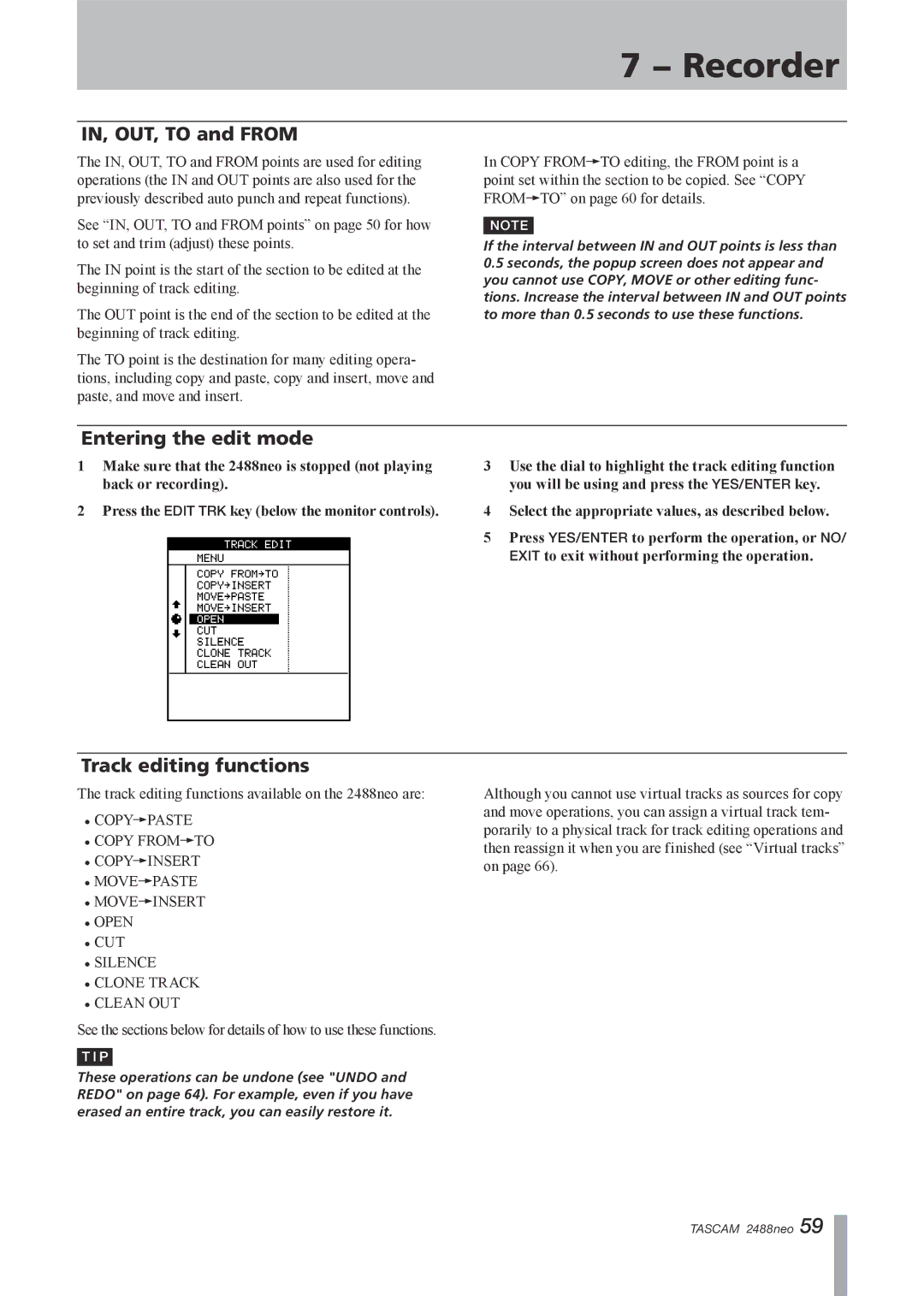 Tascam 2488neo owner manual IN, OUT, to and from, Entering the edit mode, Track editing functions 