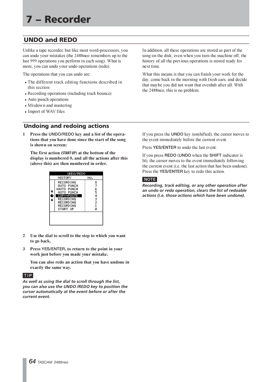 Tascam 2488neo owner manual Undo and Redo, Undoing and redoing actions 