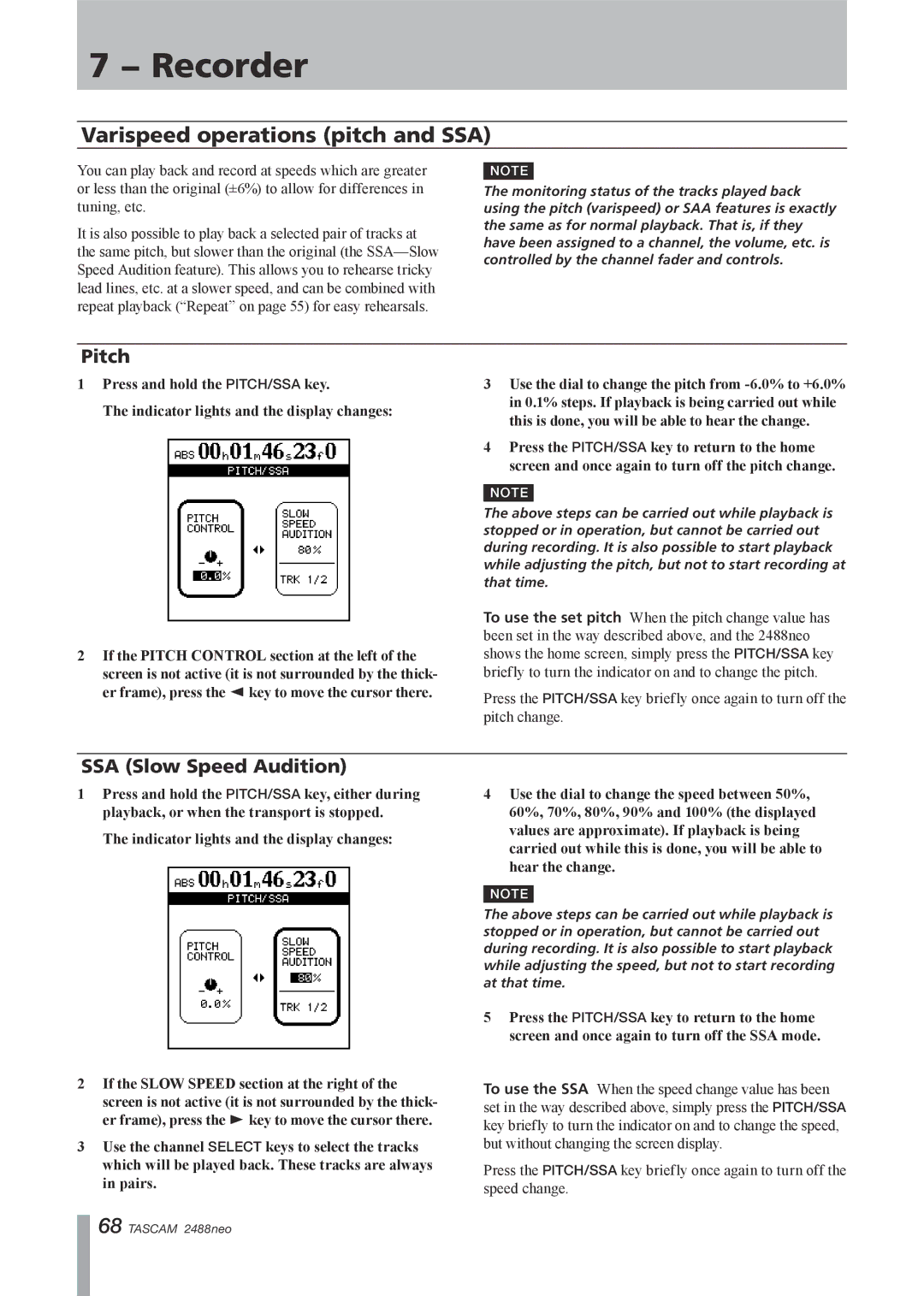 Tascam 2488neo owner manual Varispeed operations pitch and SSA, Pitch, SSA Slow Speed Audition 