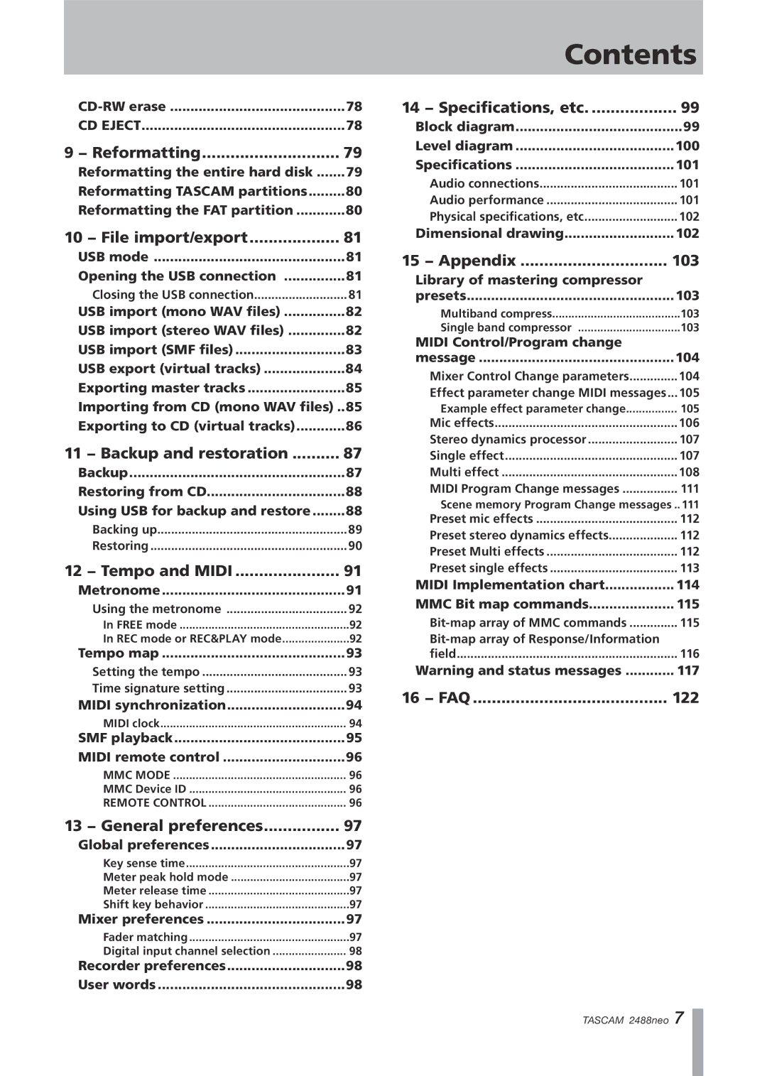 Tascam 2488neo Reformatting, 10 − File import/export, 11 − Backup and restoration, 12 − Tempo and Midi, 15 − Appendix 103 