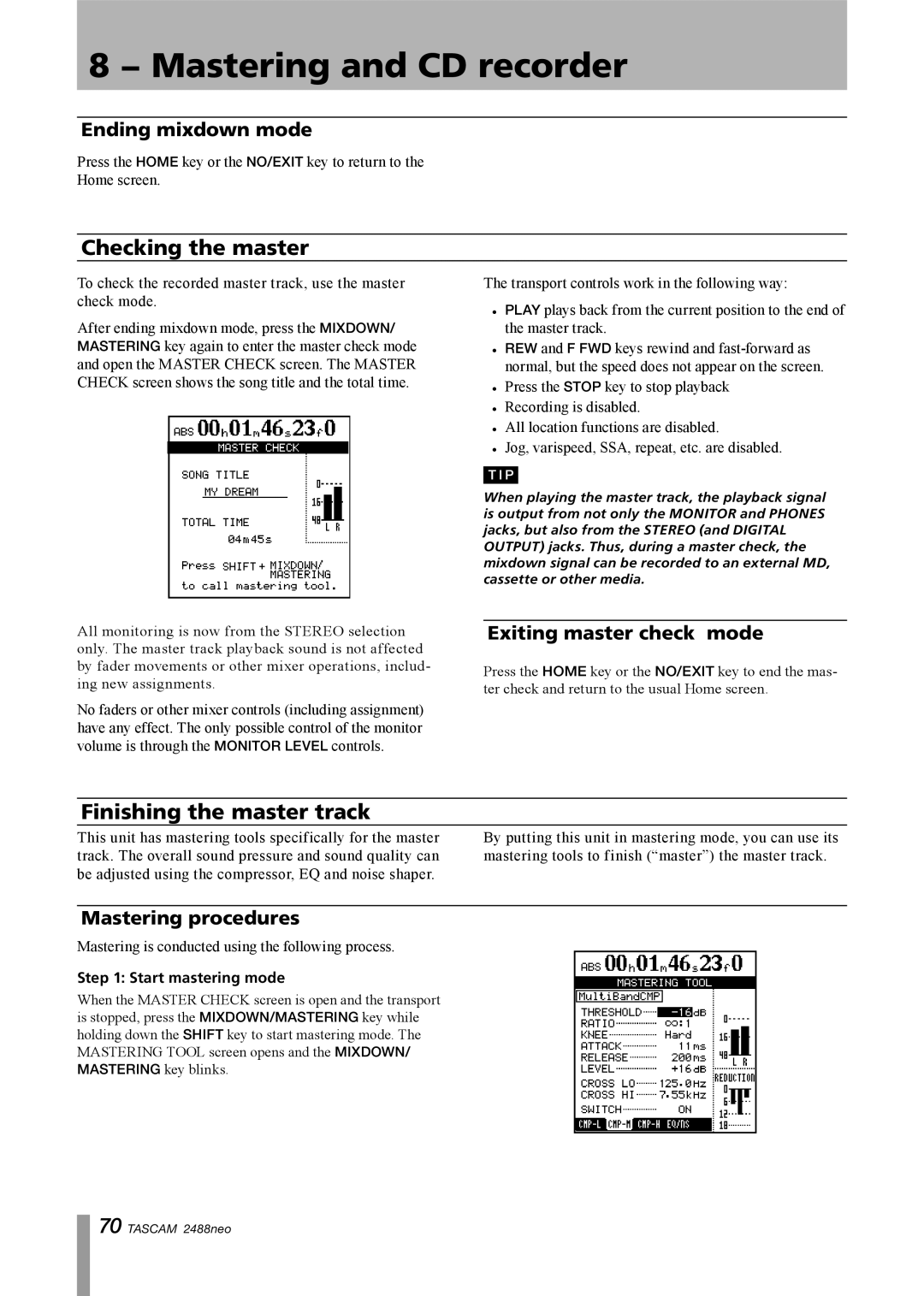 Tascam 2488neo owner manual Checking the master, Finishing the master track, Ending mixdown mode, Exiting master check mode 