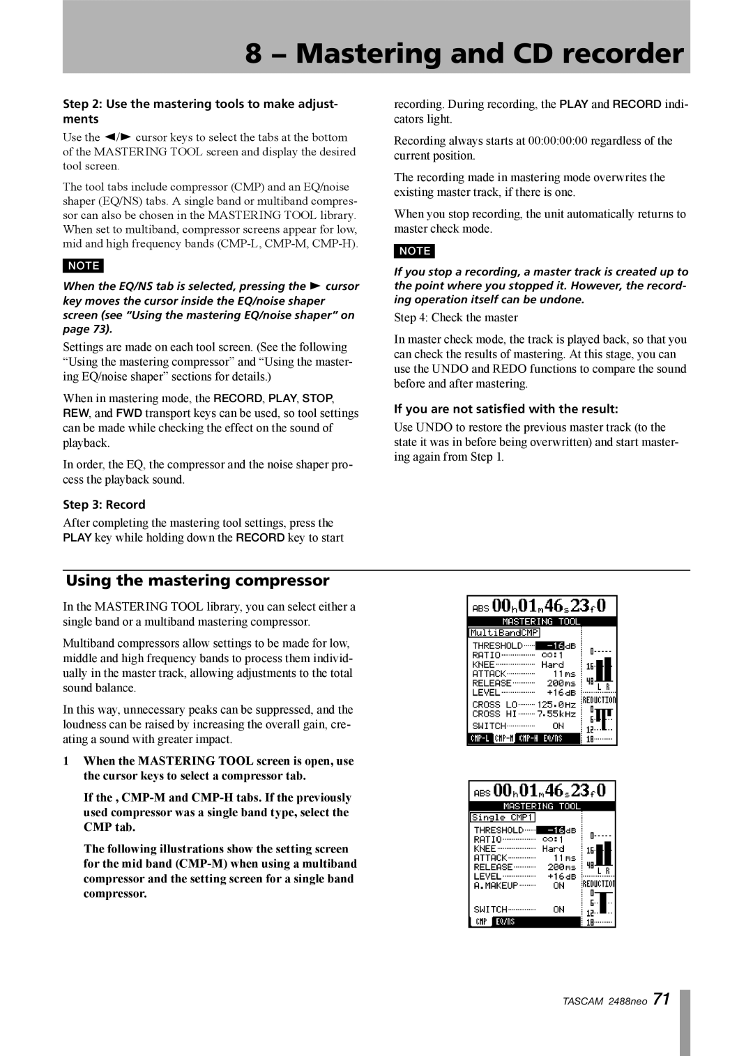 Tascam 2488neo owner manual Using the mastering compressor, Use the mastering tools to make adjust- ments, Record 