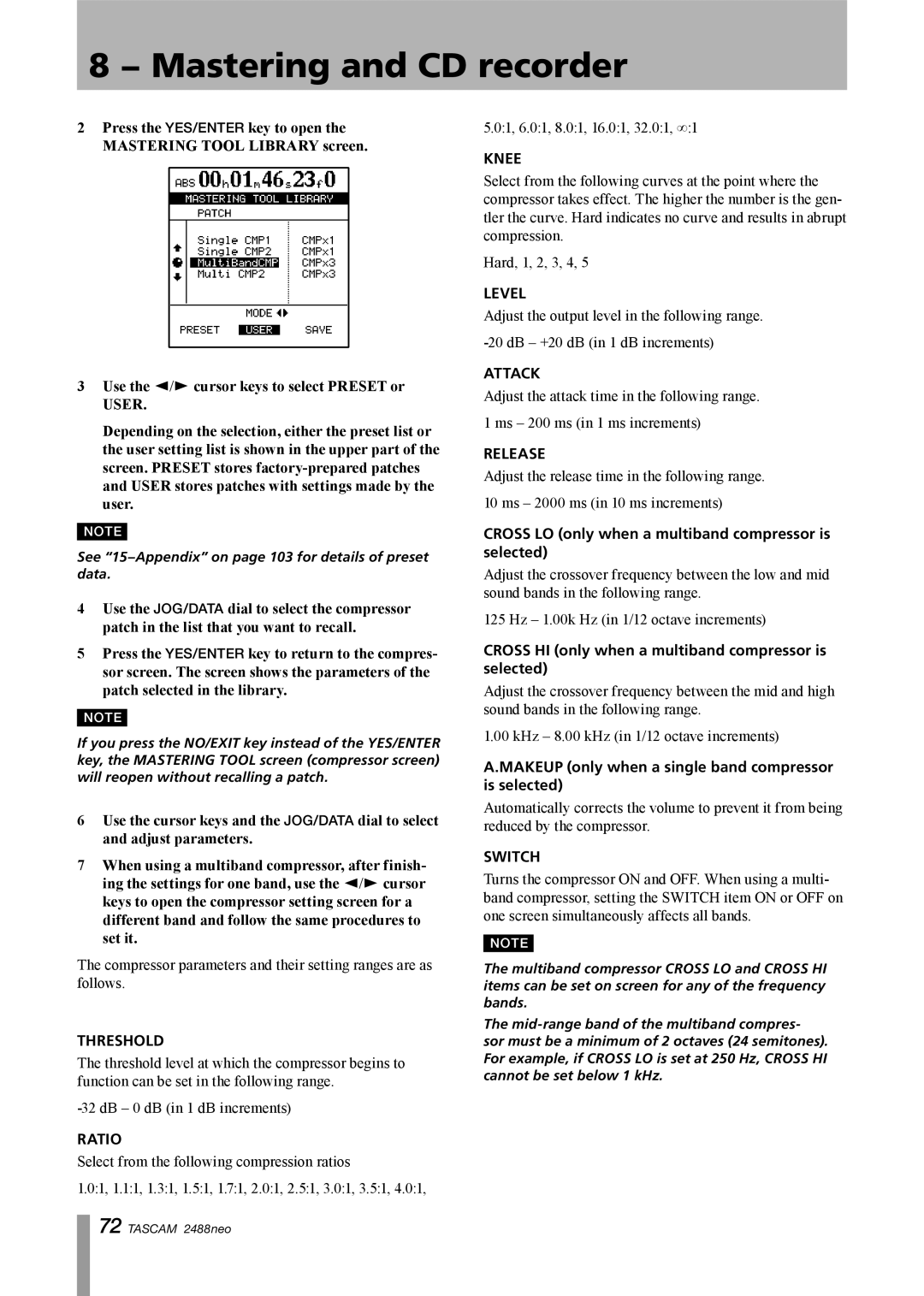 Tascam 2488neo owner manual Cross LO only when a multiband compressor is selected 