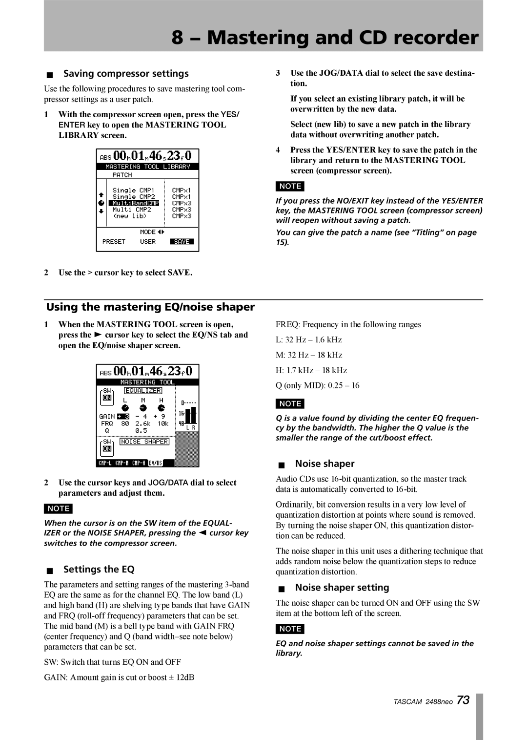 Tascam 2488neo Using the mastering EQ/noise shaper, ªª Saving compressor settings, ªª Noise shaper, ªª Settings the EQ 