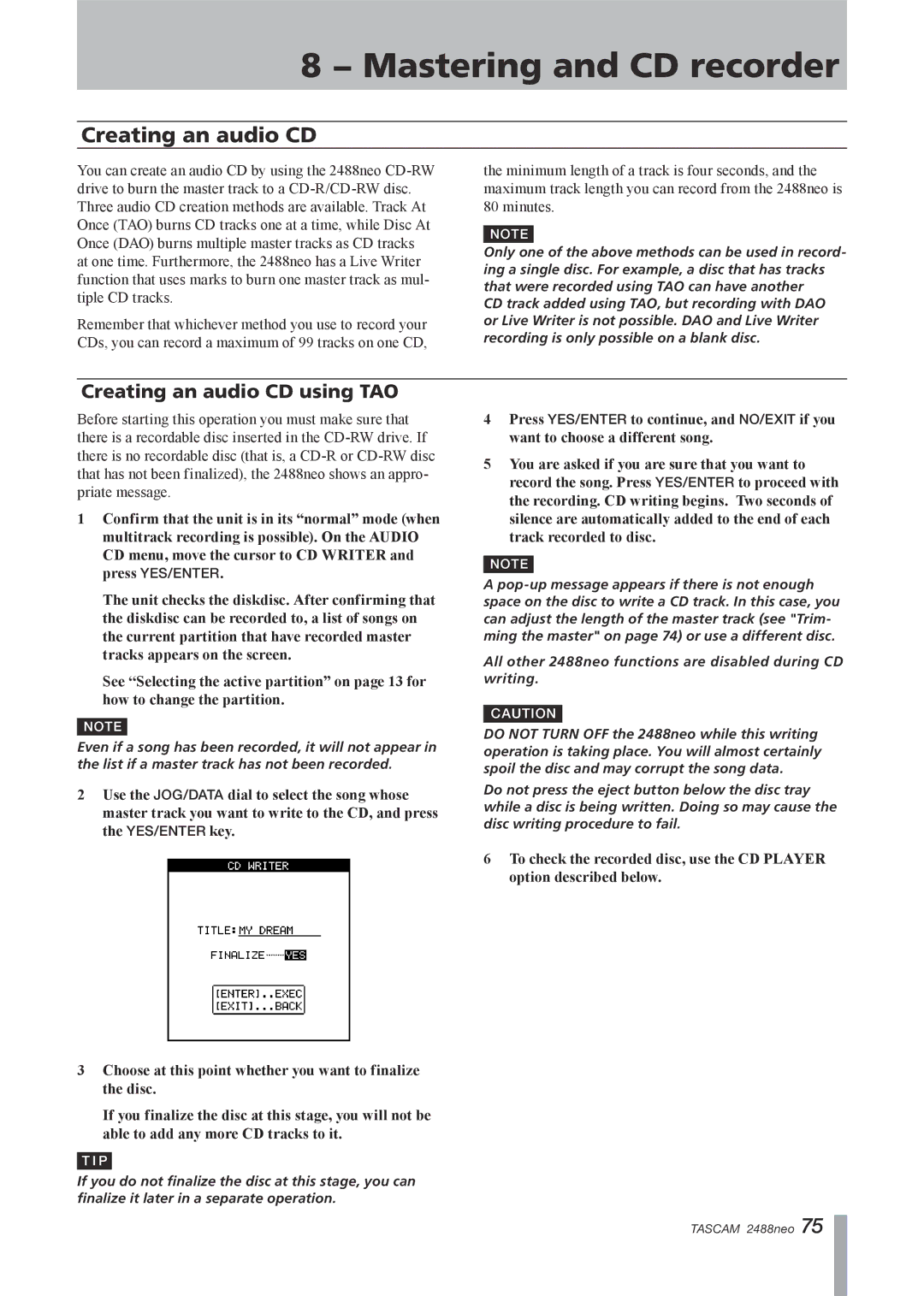 Tascam 2488neo owner manual Creating an audio CD using TAO 