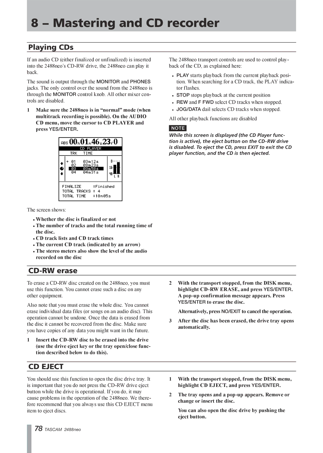 Tascam 2488neo owner manual Playing CDs, CD-RW erase 