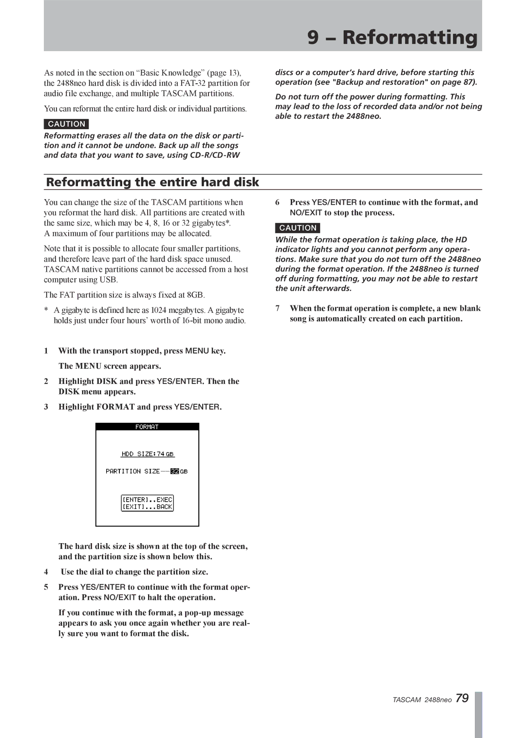 Tascam 2488neo owner manual Reformatting the entire hard disk 