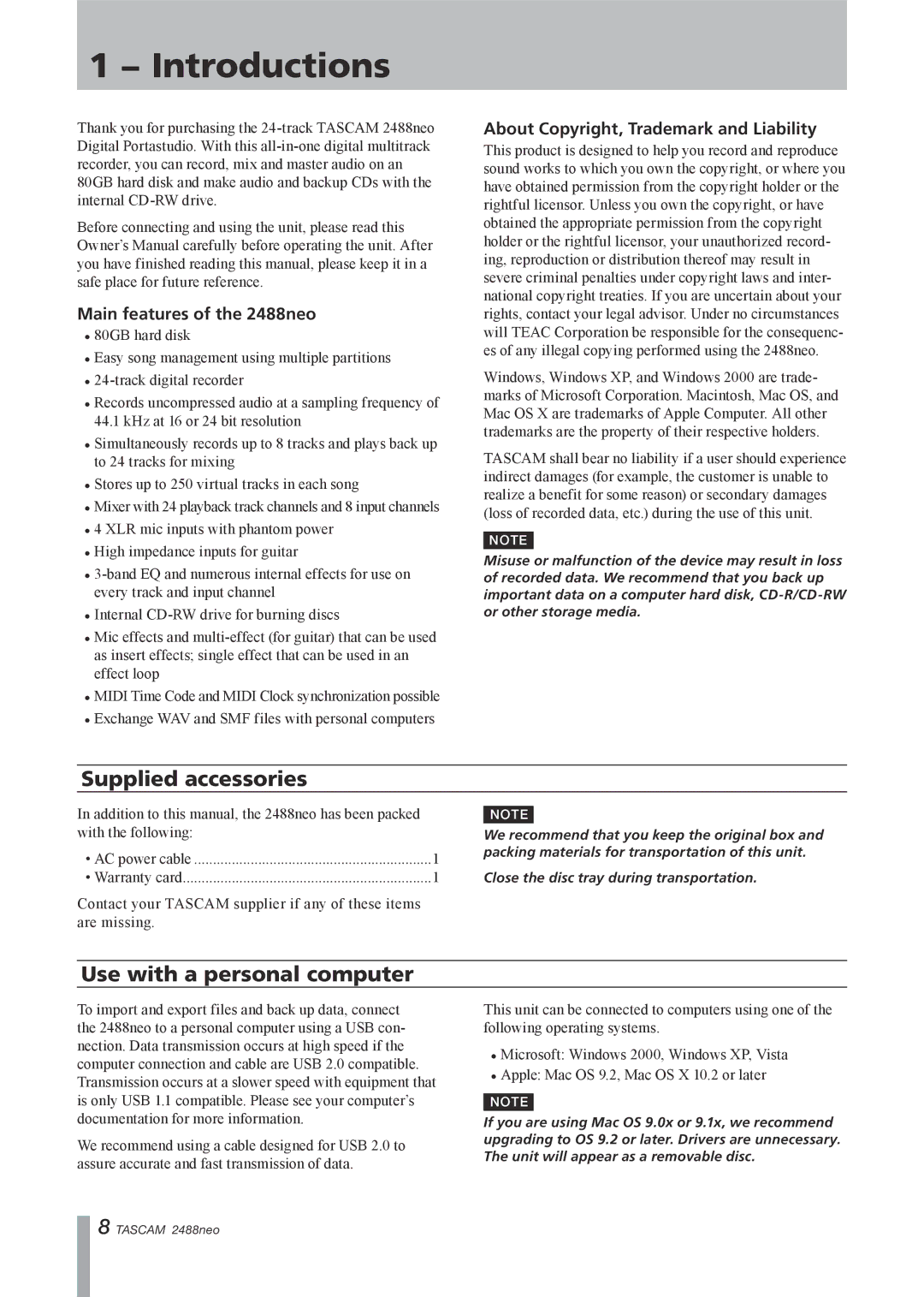 Tascam owner manual Introductions, Supplied accessories, Use with a personal computer, Main features of the 2488neo 