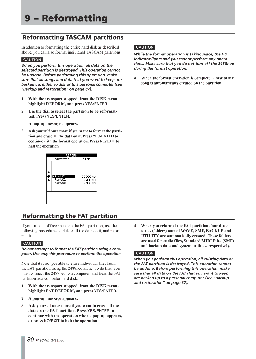 Tascam 2488neo owner manual Reformatting Tascam partitions, Reformatting the FAT partition 