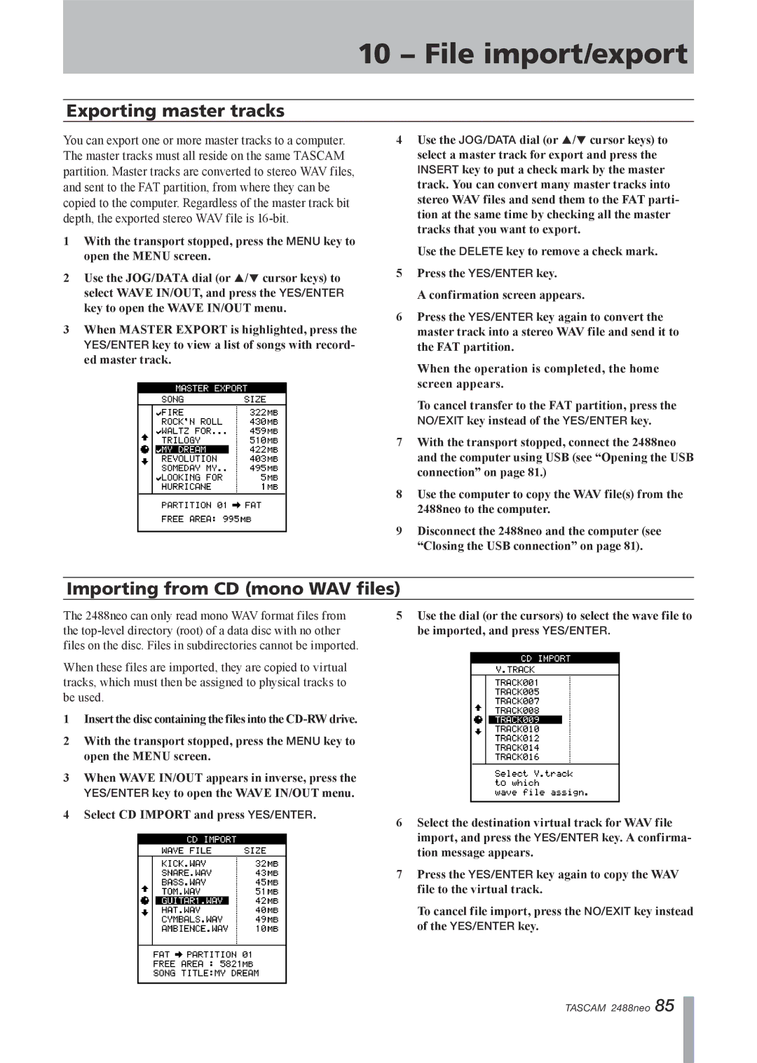 Tascam 2488neo owner manual Exporting master tracks, Importing from CD mono WAV files 