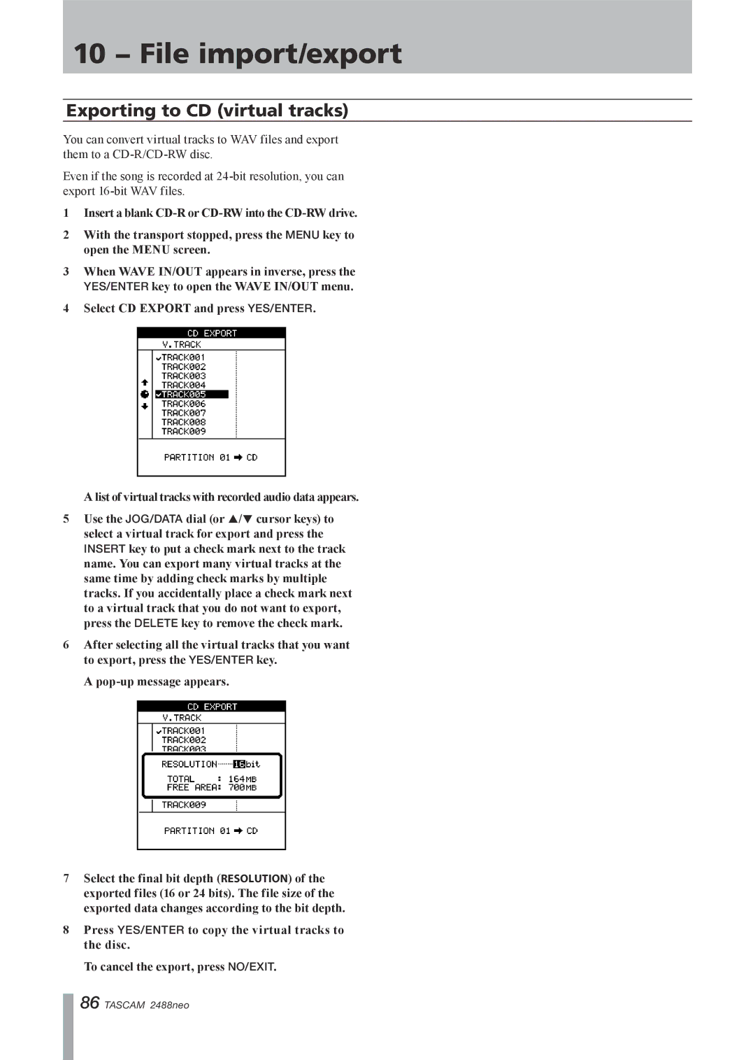 Tascam 2488neo owner manual Exporting to CD virtual tracks 