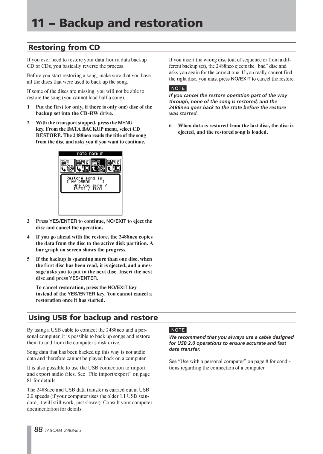 Tascam 2488neo owner manual Restoring from CD, Using USB for backup and restore 