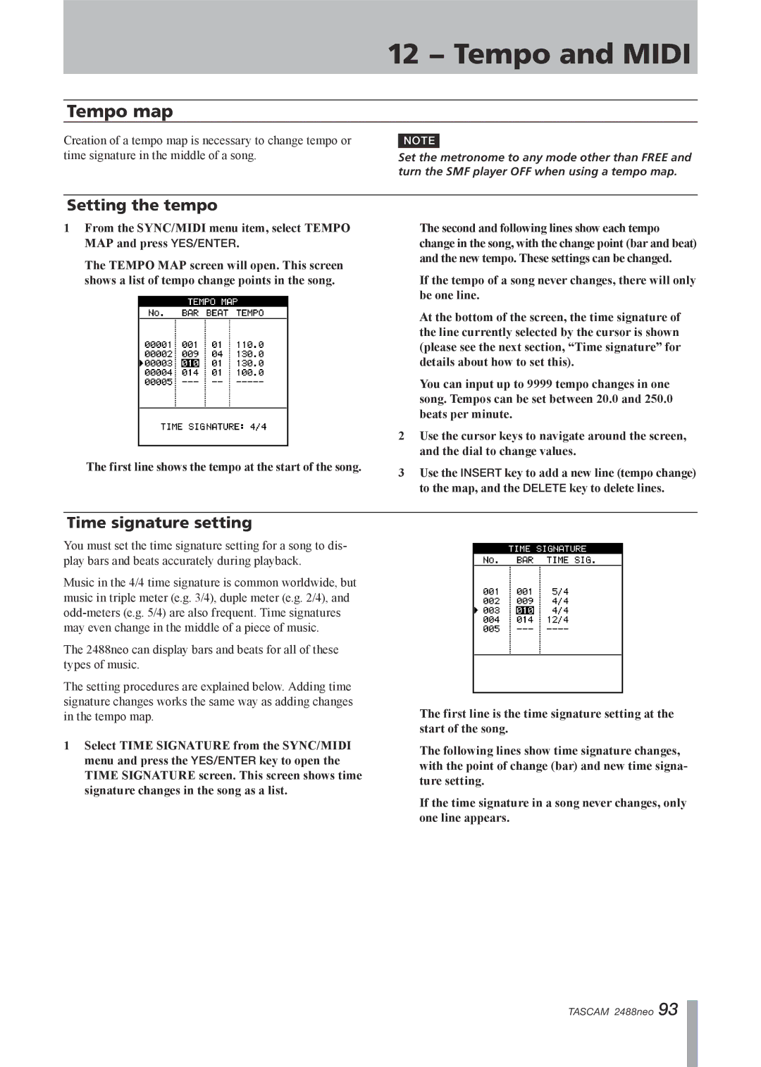 Tascam 2488neo owner manual Tempo map, Time signature setting 