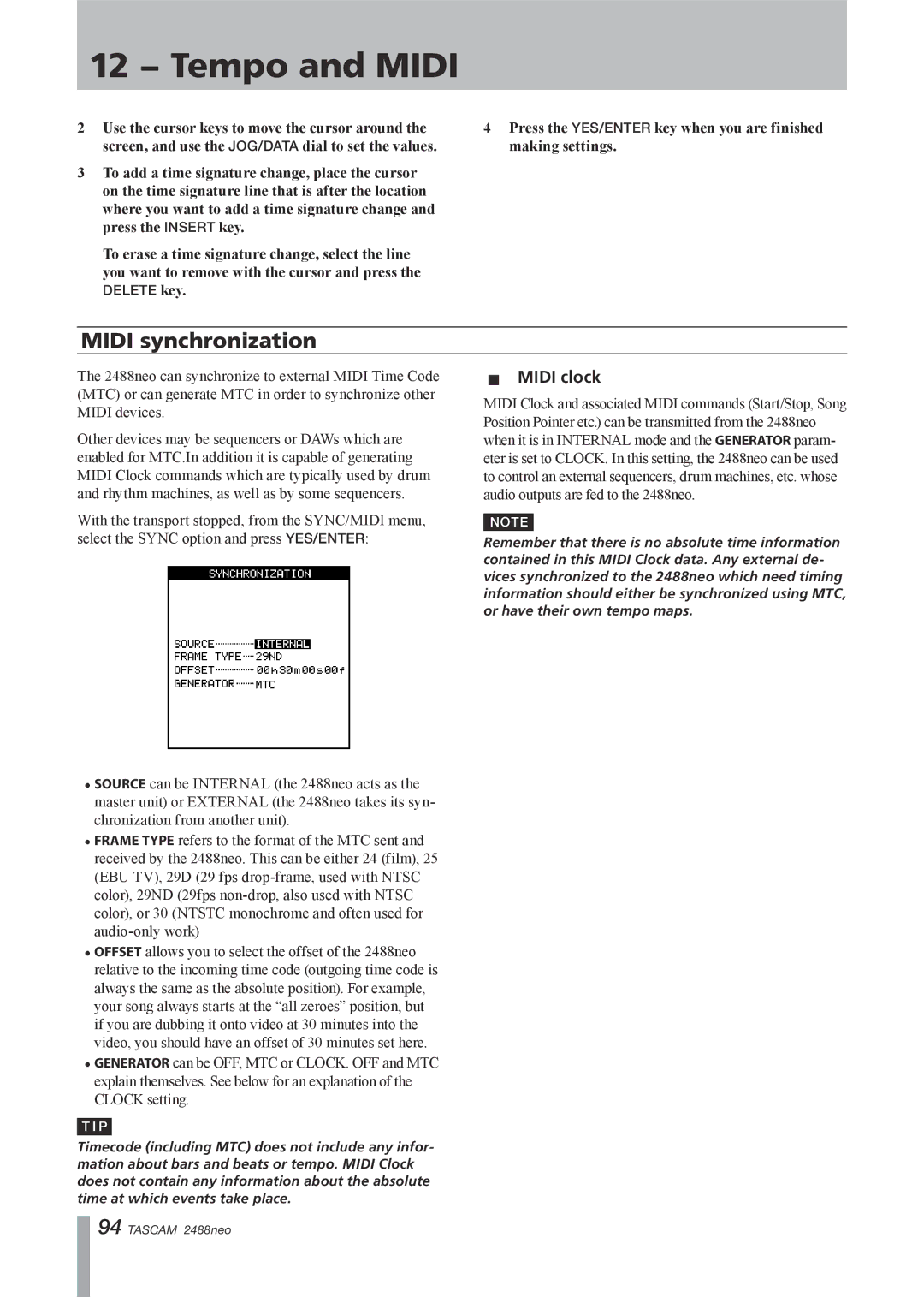 Tascam 2488neo owner manual Midi synchronization, ªª Midi clock 