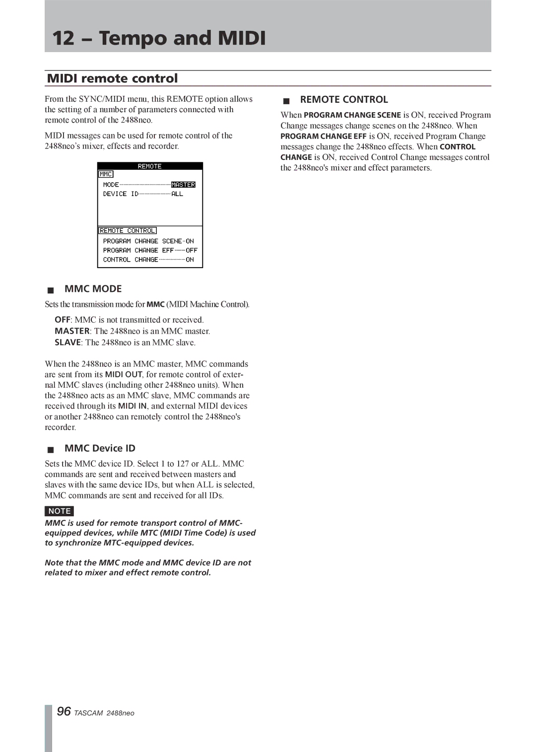 Tascam 2488neo owner manual Midi remote control, ªª Remote Control, ªª MMC Mode, ªª MMC Device ID 