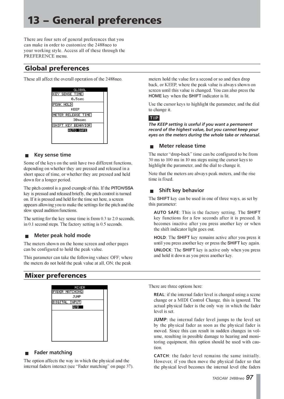 Tascam 2488neo owner manual 13 − General preferences13− General preferences, Global preferences, Mixer preferences 