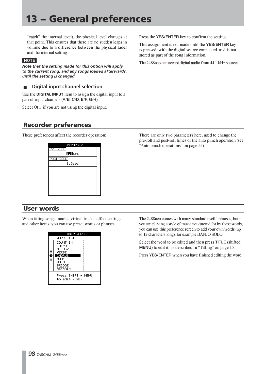 Tascam 2488neo owner manual 13 − General preferences, Recorder preferences, User words, ªª Digital input channel selection 