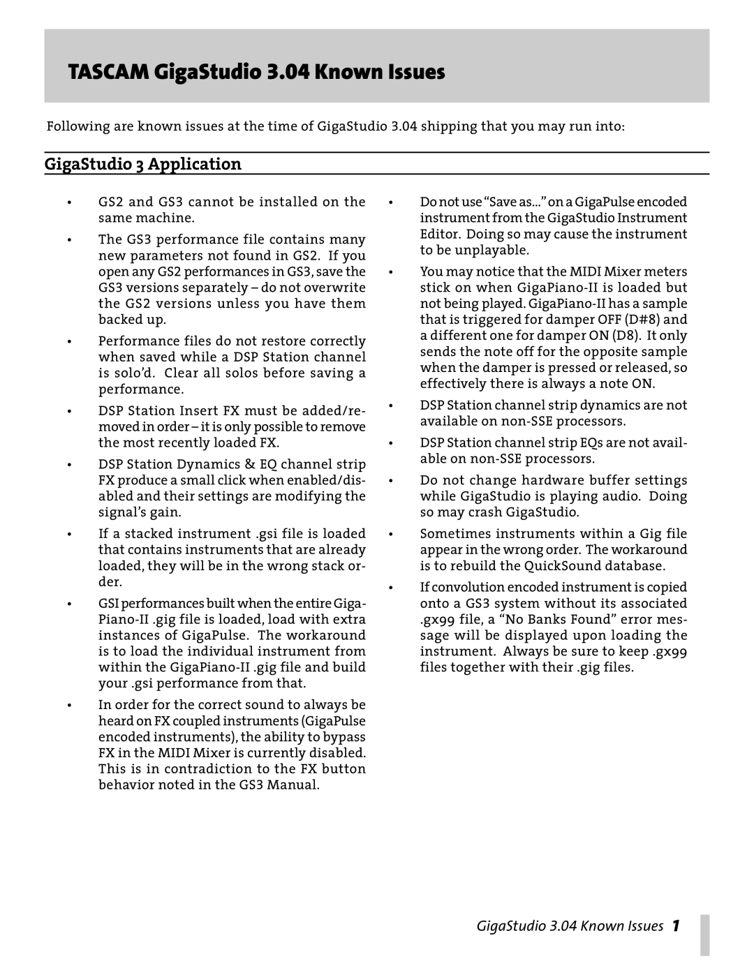 Tascam manual Tascam GigaStudio 3.04 Known Issues, GigaStudio 3 Application 