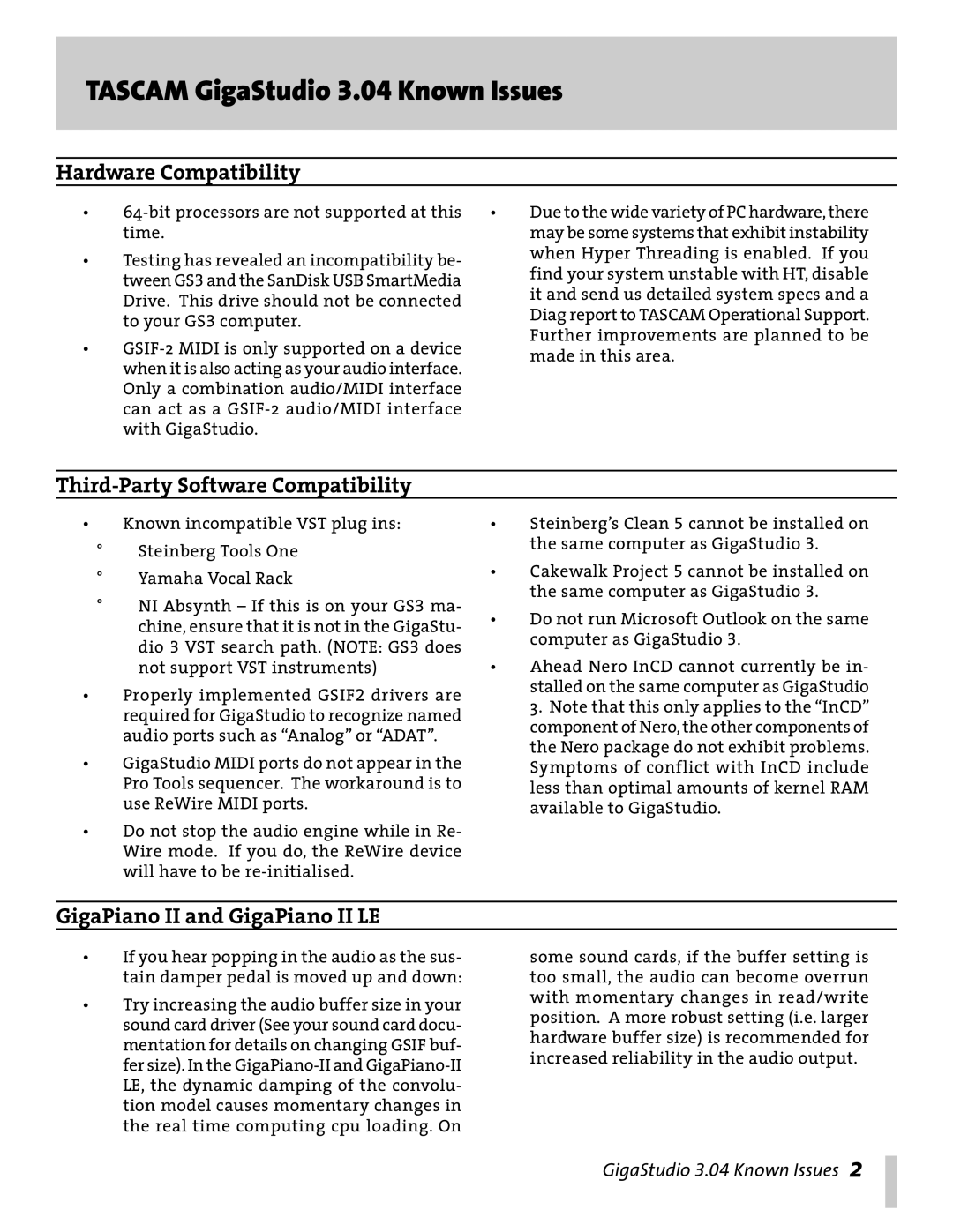 Tascam 3.04 manual Hardware Compatibility, Third-Party Software Compatibility, GigaPiano II and GigaPiano II LE 