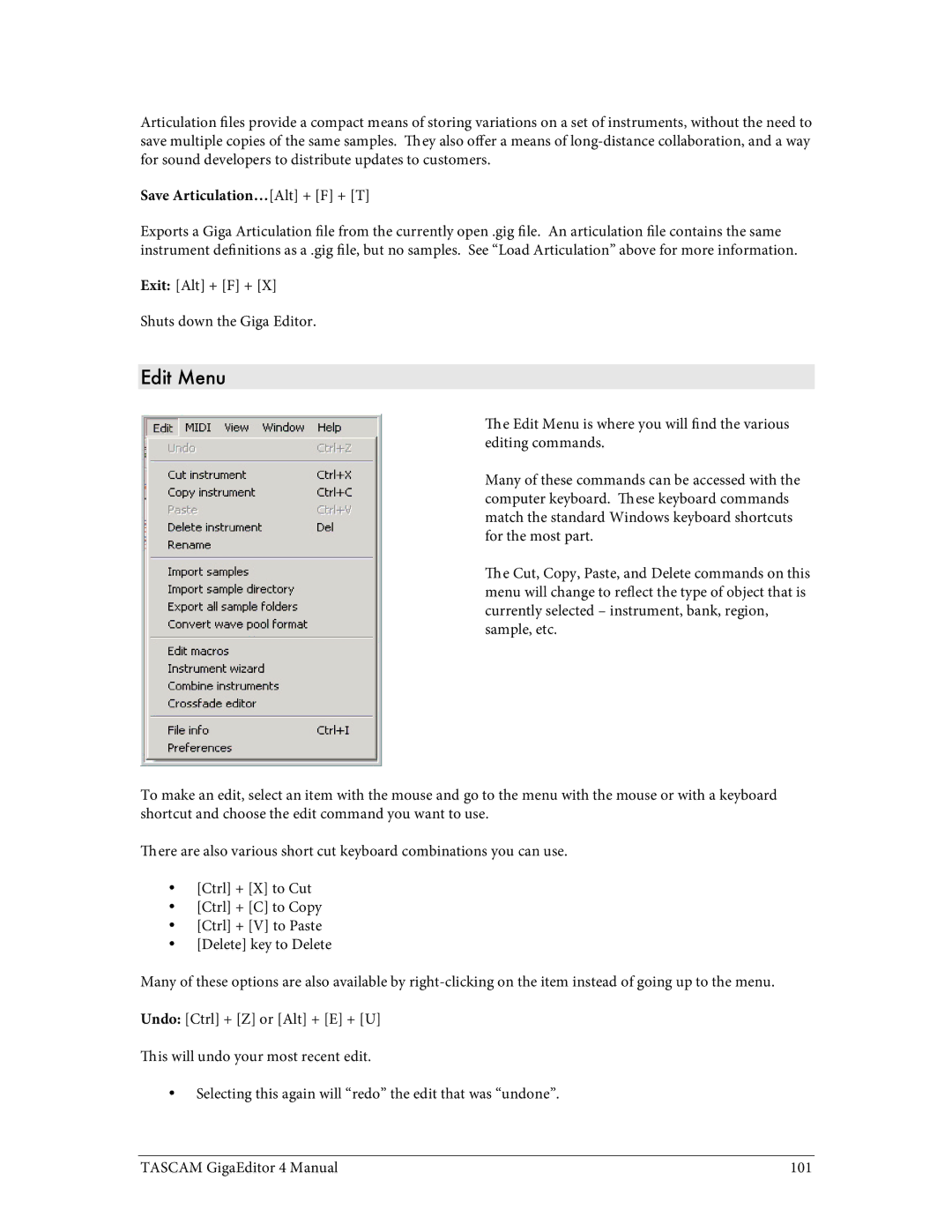 Tascam 4 user manual Edit Menu, Save Articulation…Alt + F + T 