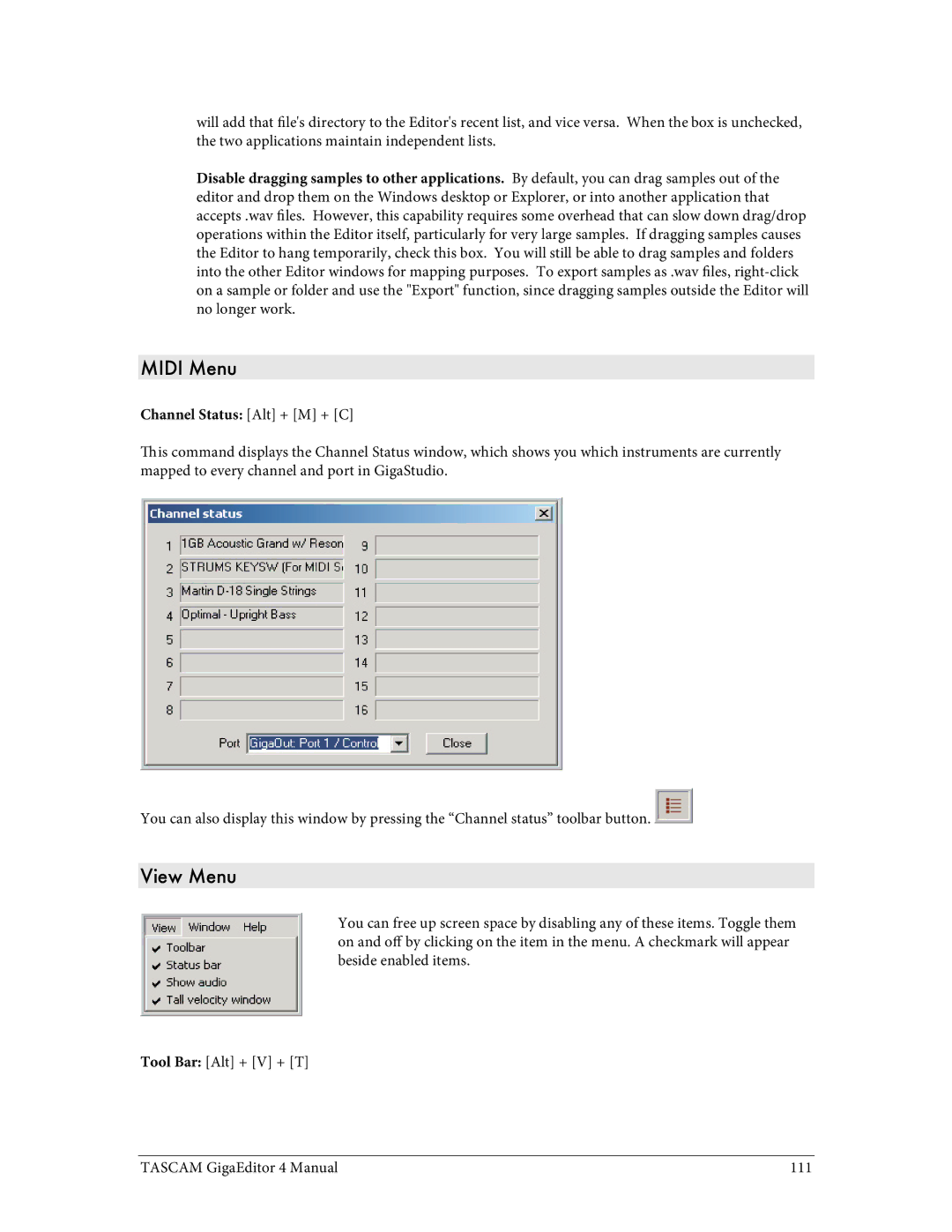 Tascam 4 user manual Midi Menu, View Menu 