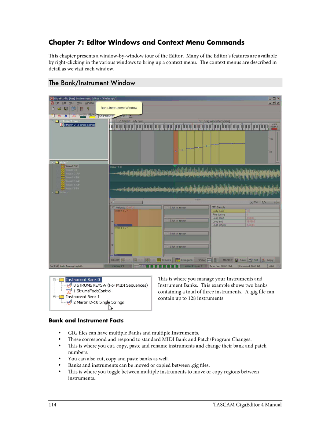 Tascam 4 user manual Bank/Instrument Window, Bank and Instrument Facts 