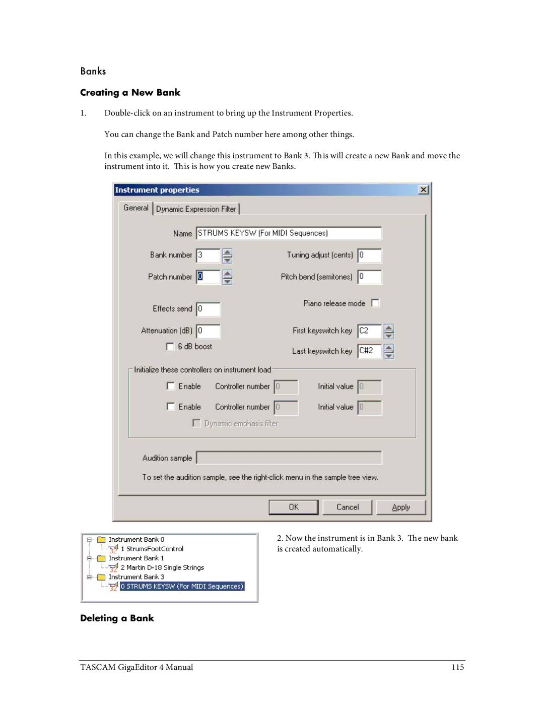 Tascam 4 user manual Creating a New Bank, Deleting a Bank 