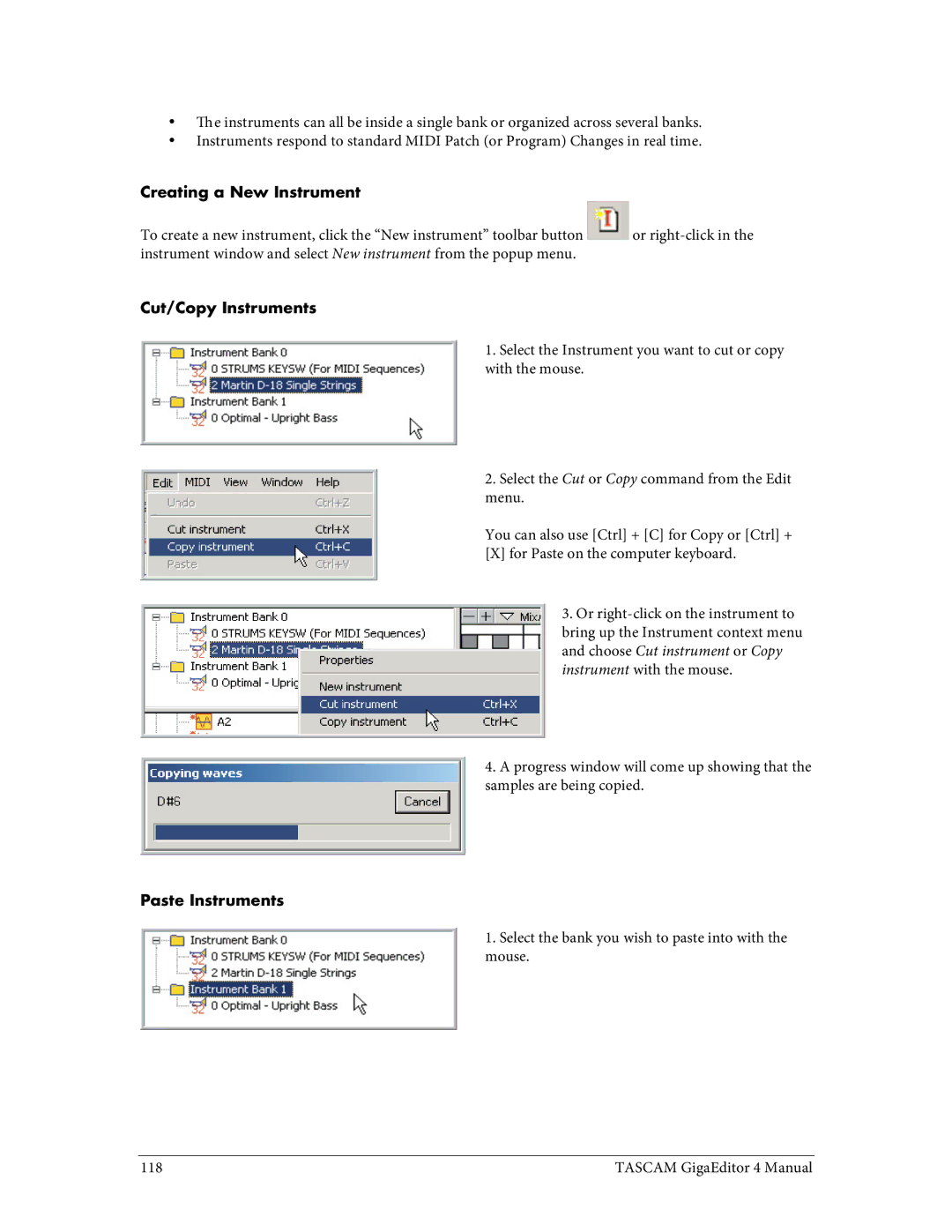 Tascam 4 user manual Creating a New Instrument, Cut/Copy Instruments, Paste Instruments 