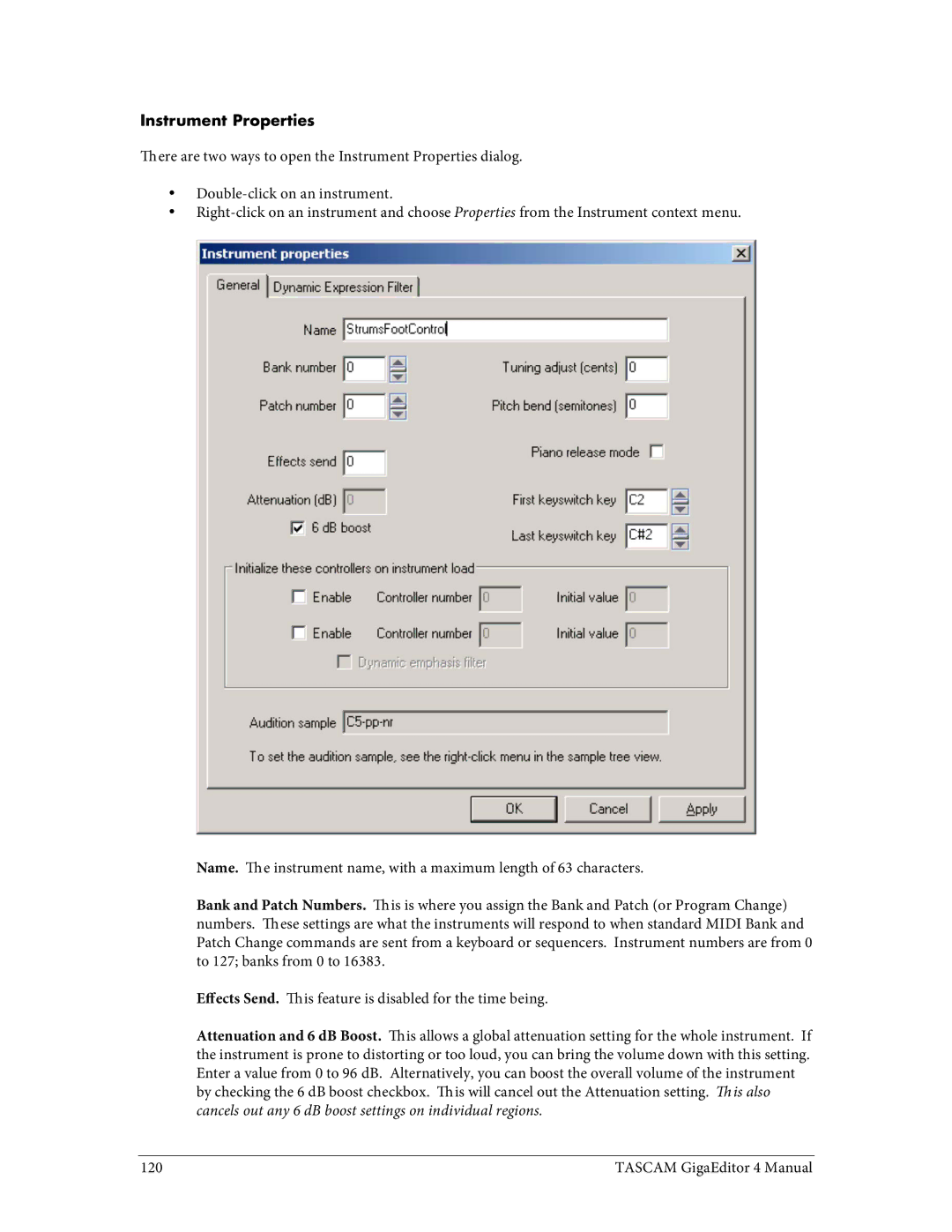 Tascam 4 user manual Instrument Properties, Cancels out any 6 dB boost settings on individual regions 