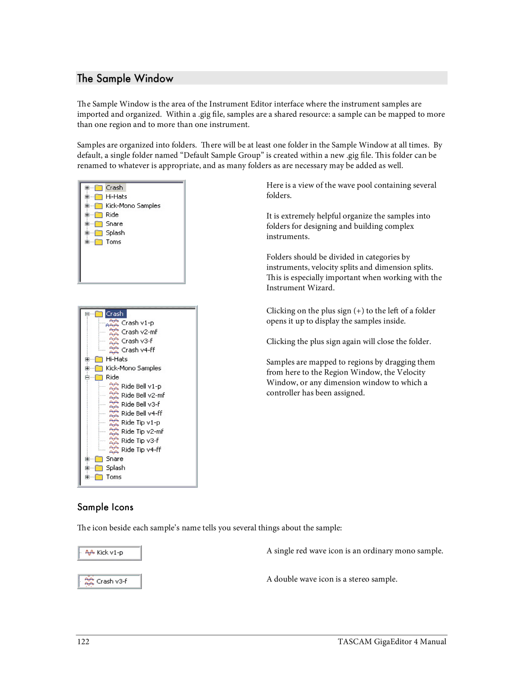 Tascam 4 user manual Sample Window, Sample Icons 