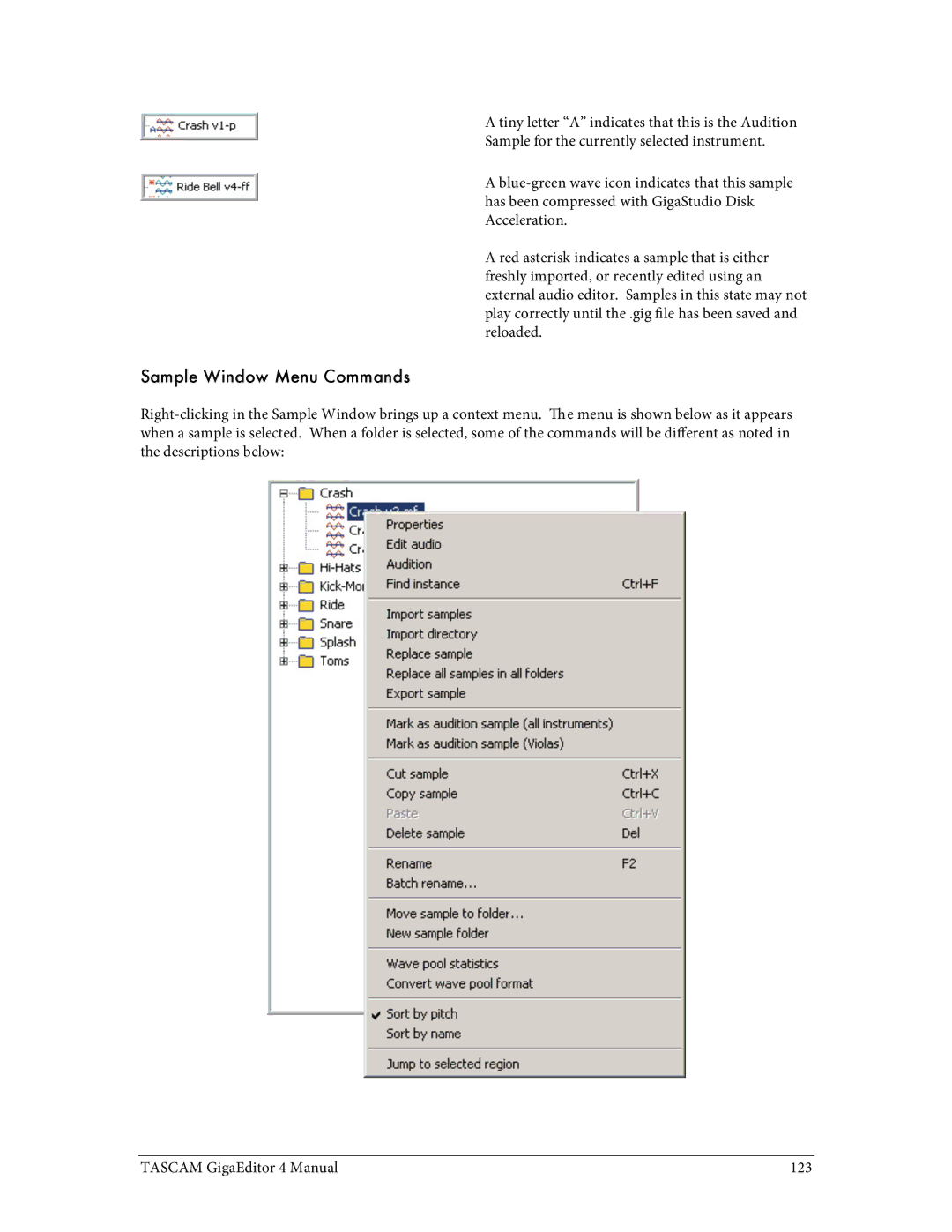 Tascam 4 user manual Sample Window Menu Commands 