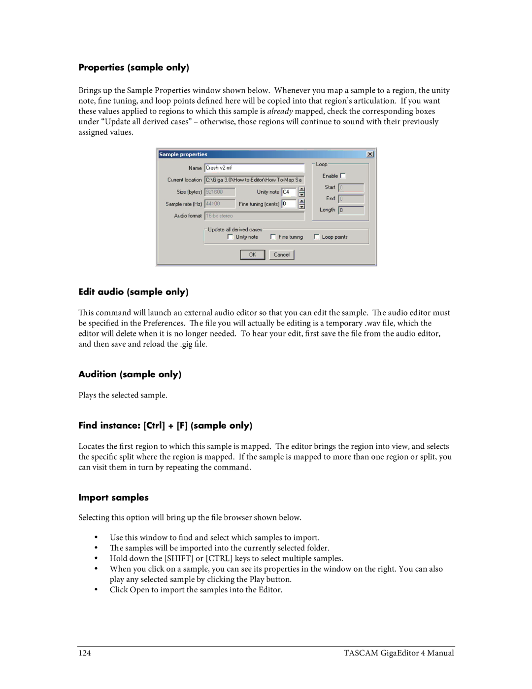 Tascam 4 Properties sample only, Edit audio sample only, Audition sample only, Find instance Ctrl + F sample only 