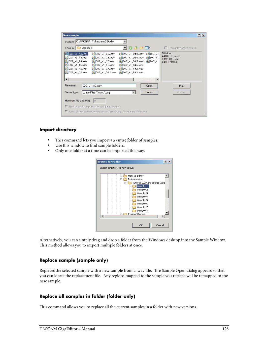 Tascam 4 user manual Import directory, Replace sample sample only, Replace all samples in folder folder only 