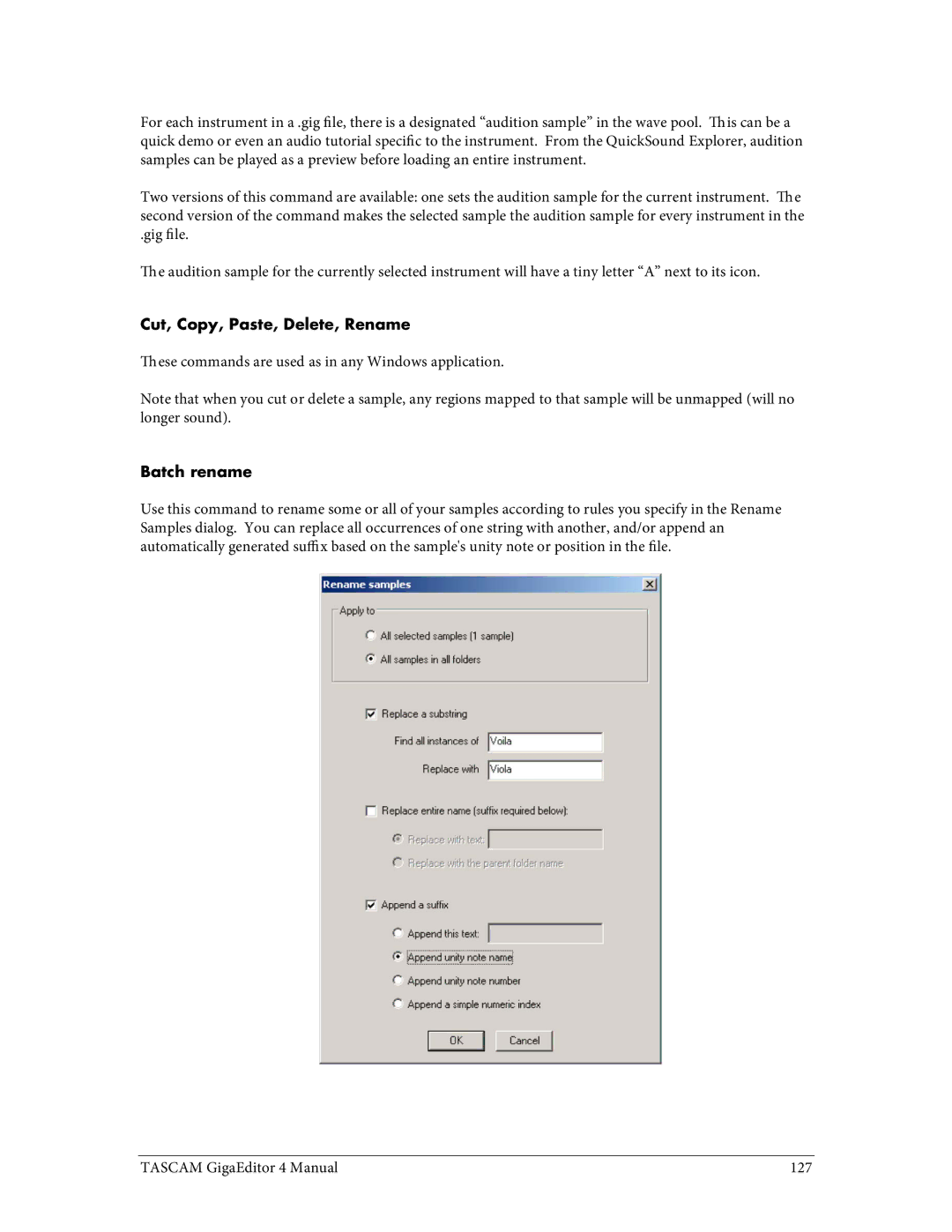 Tascam 4 user manual Cut, Copy, Paste, Delete, Rename, Batch rename 