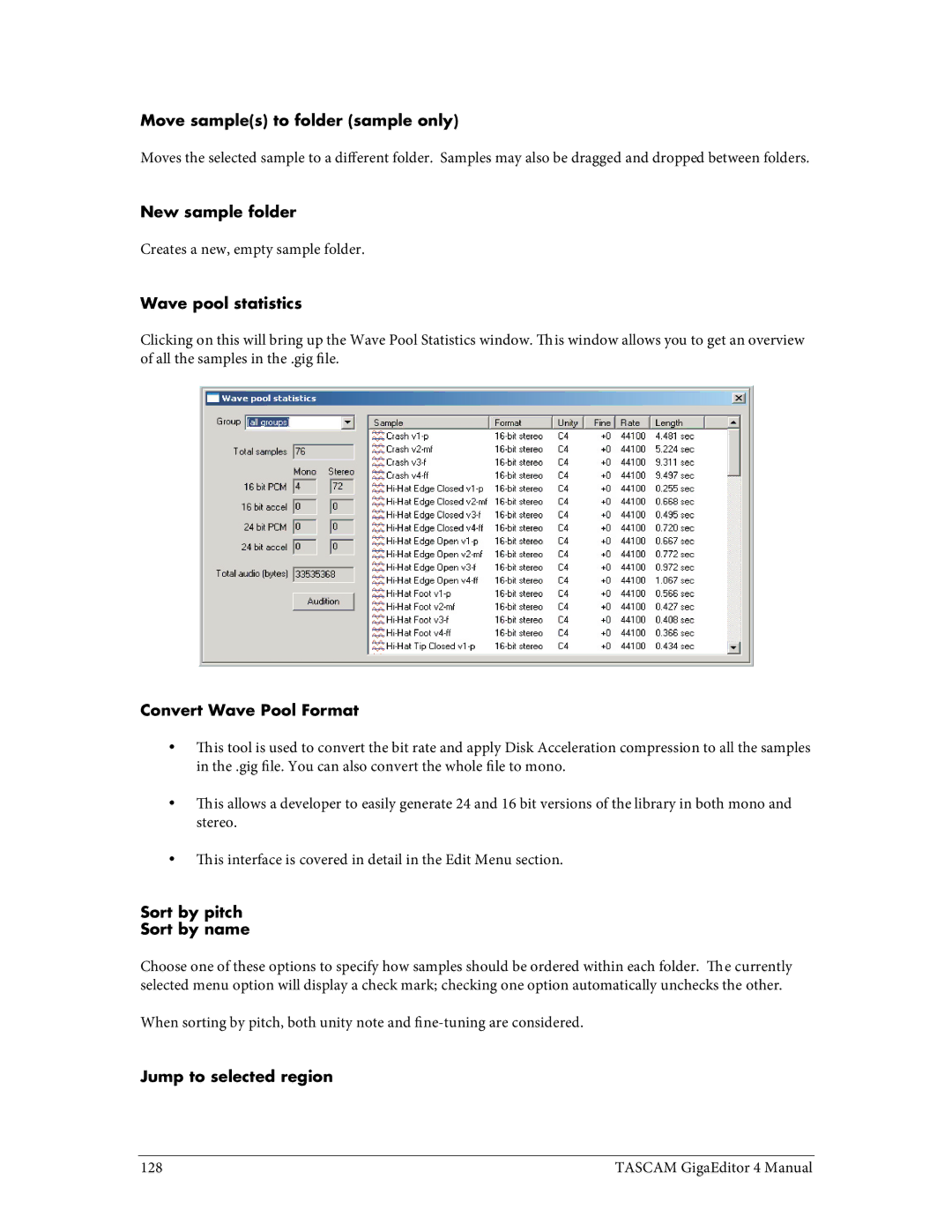 Tascam 4 user manual Move samples to folder sample only, New sample folder, Wave pool statistics, Convert Wave Pool Format 